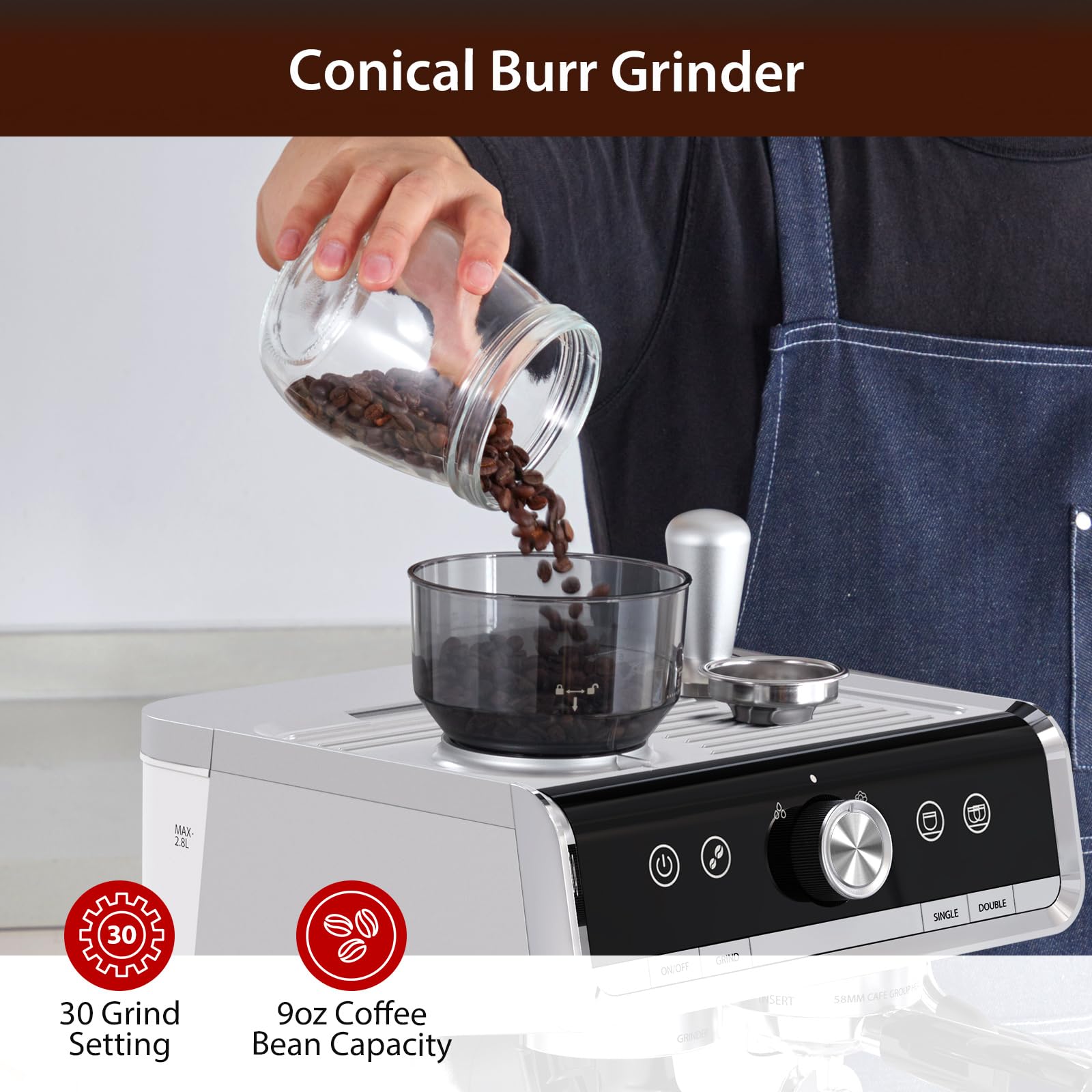 Professional 20 Bar Espresso Machine with Built-in Grinder & Milk Frother - 1450W, 2.8L Water Tank - Perfect for Home Baristas to Make Lattes, Cappuccinos & Macchiatos - Ideal for Coffee Shops, Offices & Gift Giving