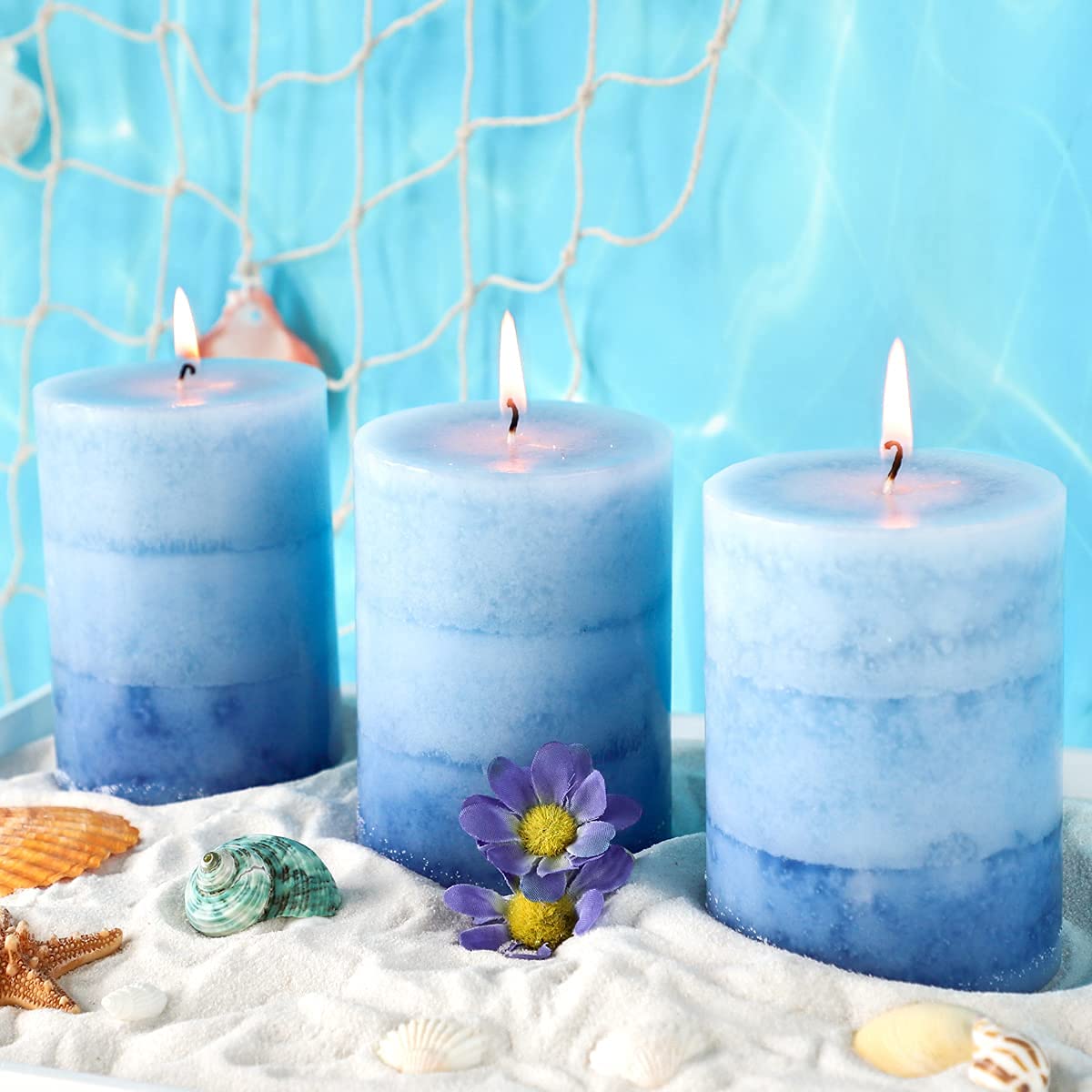 Blue Lilac Garden Scented Pillar Candles - Long-Lasting 3x4 Inch Home Decor Candles for Wedding, Bathroom & Relaxation - Perfect Aromatherapy Gifts for Women