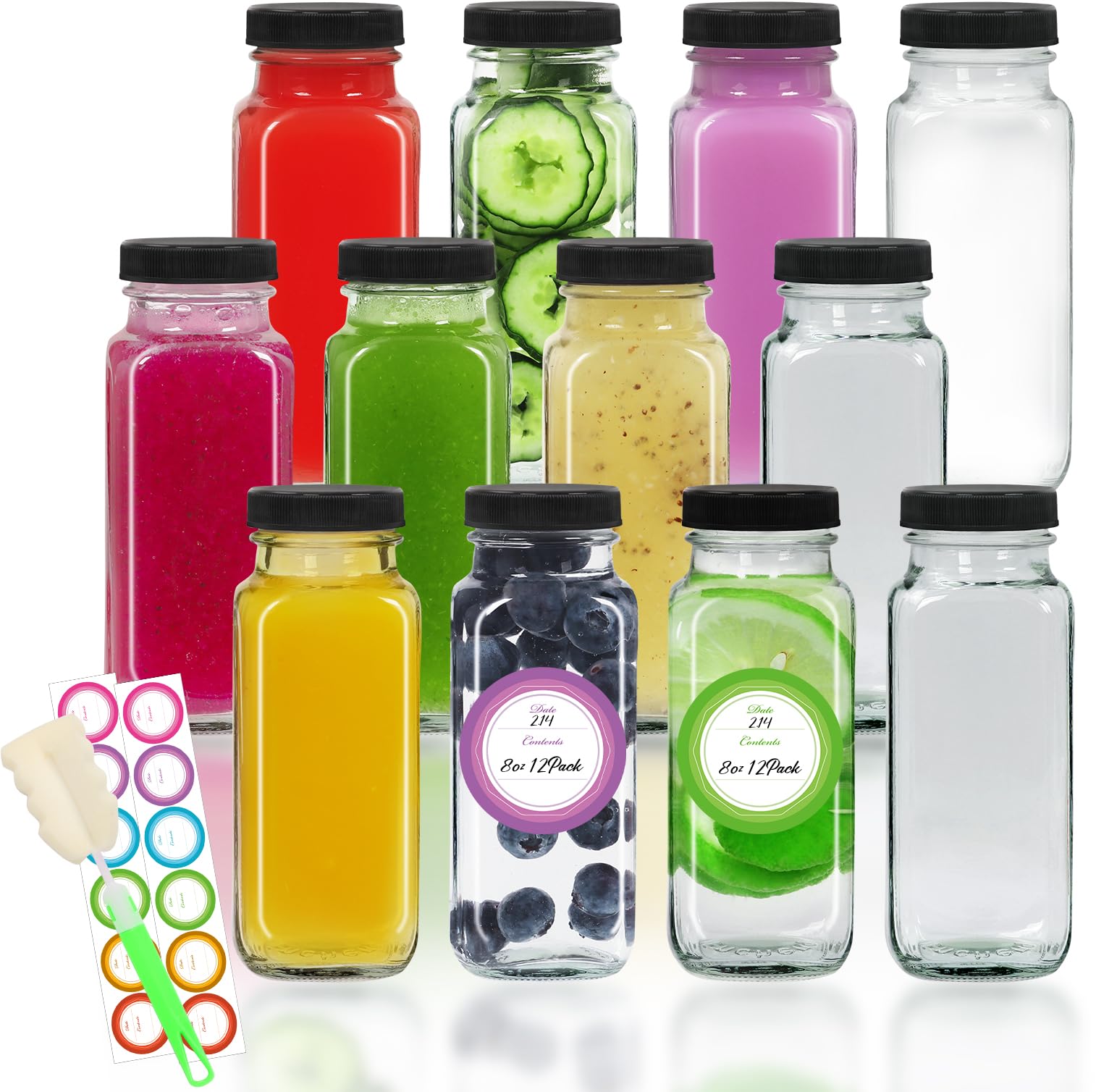 STARSIDE 8 oz Glass Drinking Bottles with Lids - 12 Pack Square Vintage Water Jars - Reusable Juice Bottles for Milk, Kombucha, Ginger, Smoothies - Perfect for Home, Office, Picnics & Meal Prep
