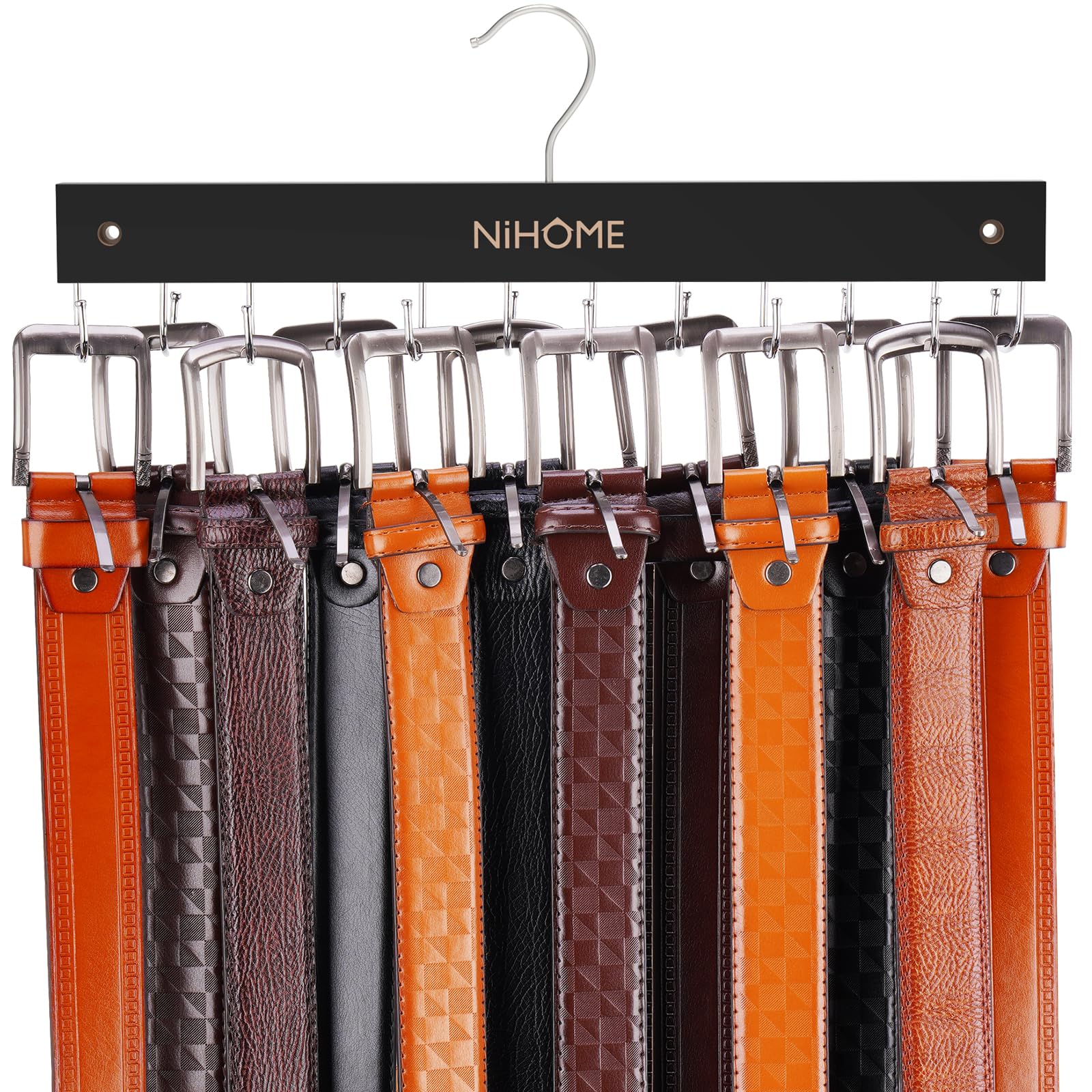 NiHome Wooden Belt & Tie Hanger for Closet - 12 Rotating Hooks for Organizing Lingerie, Scarves, Ties - Space Saving Wall Mounted or Hanging Storage Solution - Perfect for Bedroom, Walk-in Closet & Office Organization (Black, 1PC)