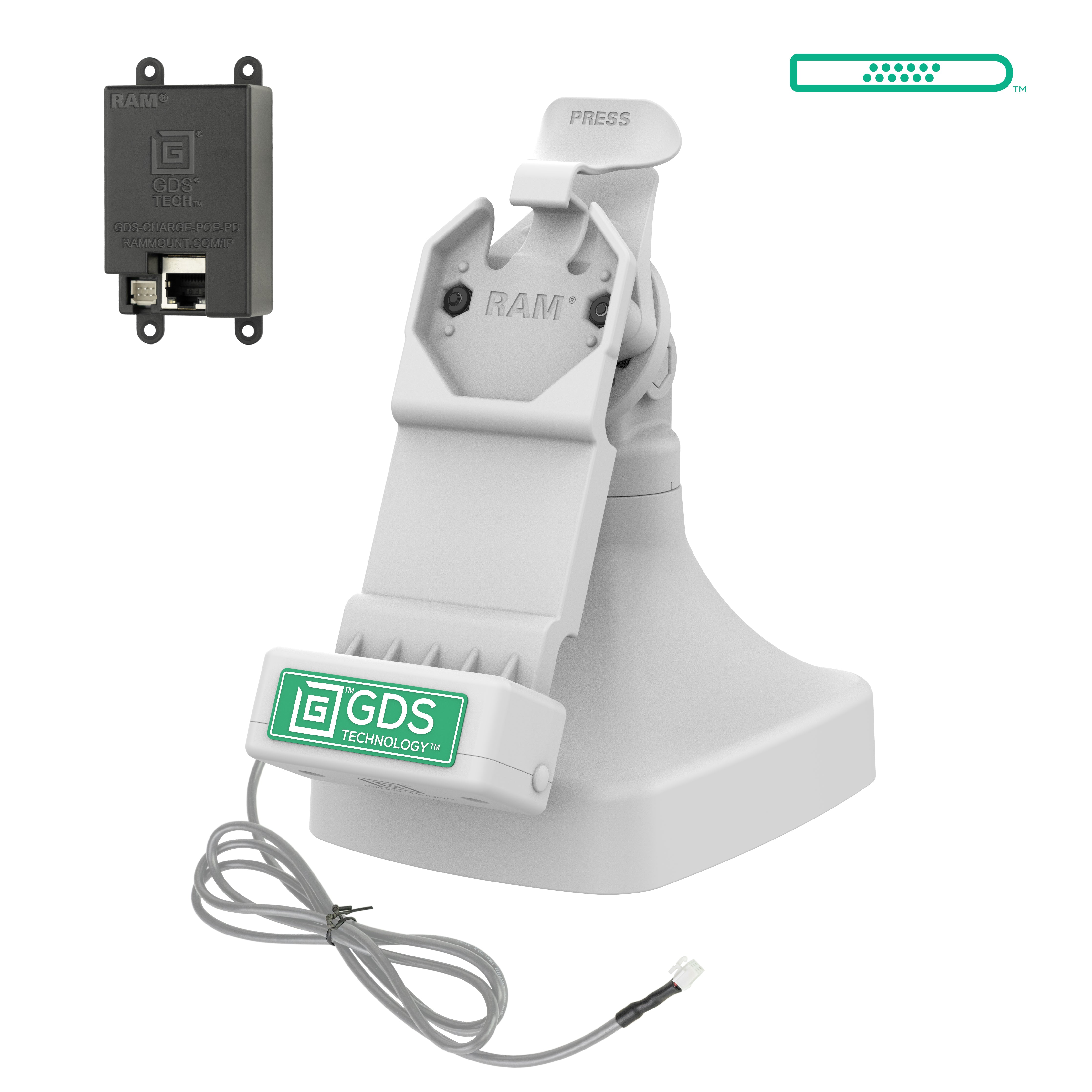 GDS® Uni Conn™ Tilt & Swivel Dock with PoE - Gray (RAM GDS DOCK D14 U1E GRY) | Adjustable Mounting Solution for Tablets & Monitors in Vehicles & Workstations