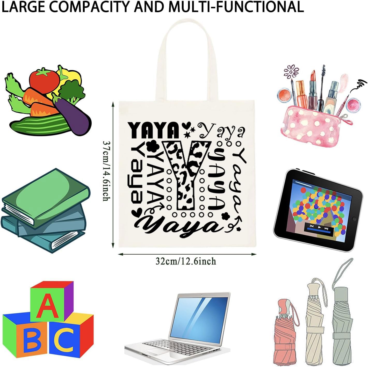 WCGXKO Yaya Typography Canvas Tote Bag - Stylish Reusable Shopping Bag for Grandma, Perfect for Travel, Grocery & Daily Use