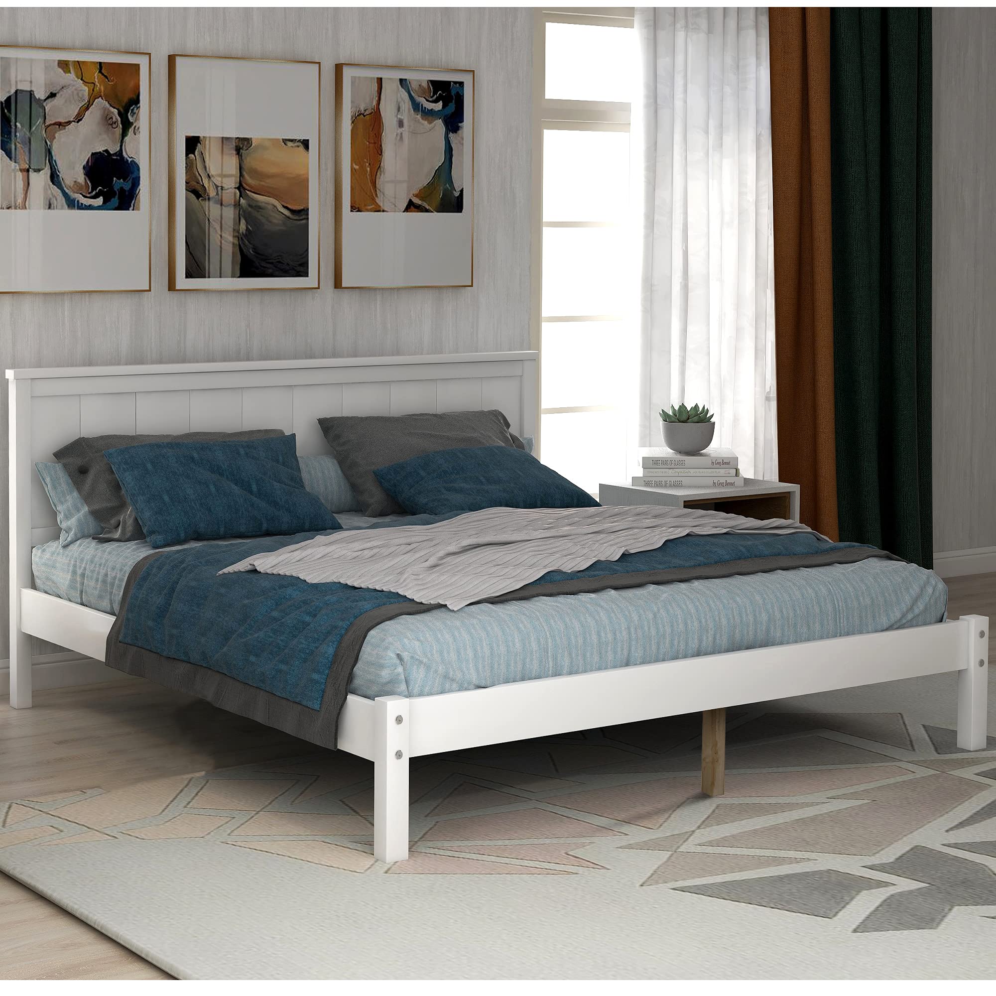 White Full Size Platform Bed Frame with Headboard - Sturdy Wood Slat Support, No Box Spring Required - Perfect for Modern Bedrooms, Guest Rooms & Small Spaces