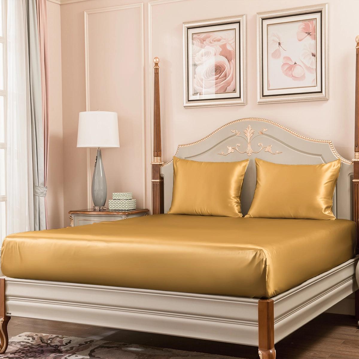 23mm 6A+ 100% Mulberry Silk Fitted Sheet Set - 3 Piece Luxury Bedding for Queen Size - Ultra Soft & Breathable for All-Season Comfort - Perfect for Master Bedroom, Guest Room & Hotel Use