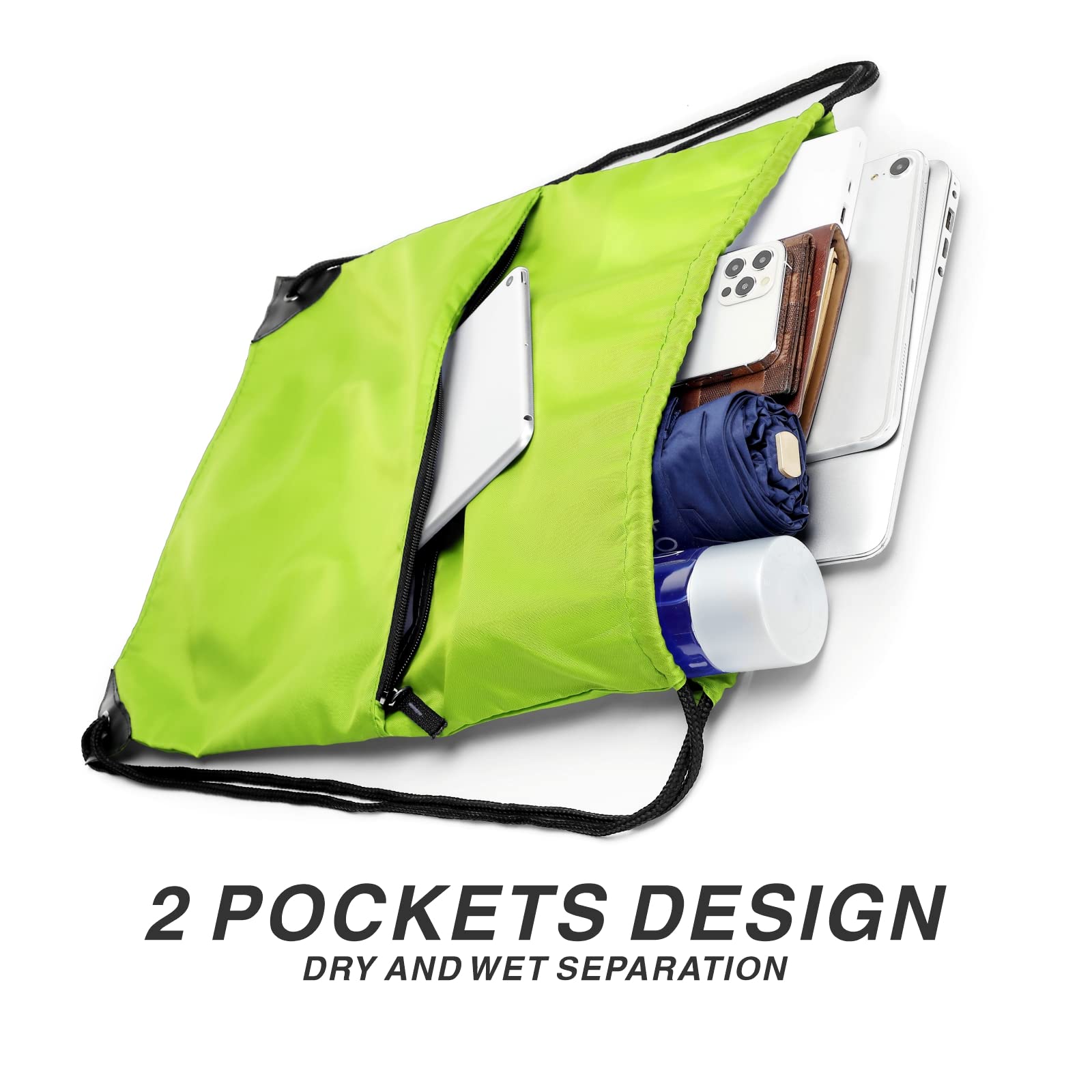 Foldable 210D Nylon Drawstring Backpack with Zipper Side Pocket - Lightweight Sports Gym Tote Bag for Men & Women (Apple Green) - Perfect for Workouts, Travel, School & Outdoor Activities