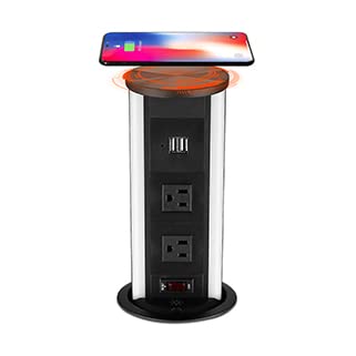 Link2Home Automatic Pop Up 10W Wireless Charging Station with 2 Power Outlets (15A) & 2 USB Ports (3.4A) - Splash Resistant, Black Anodized Finish - Perfect for Kitchen Counter, Office Desk, Workshop & Home Use