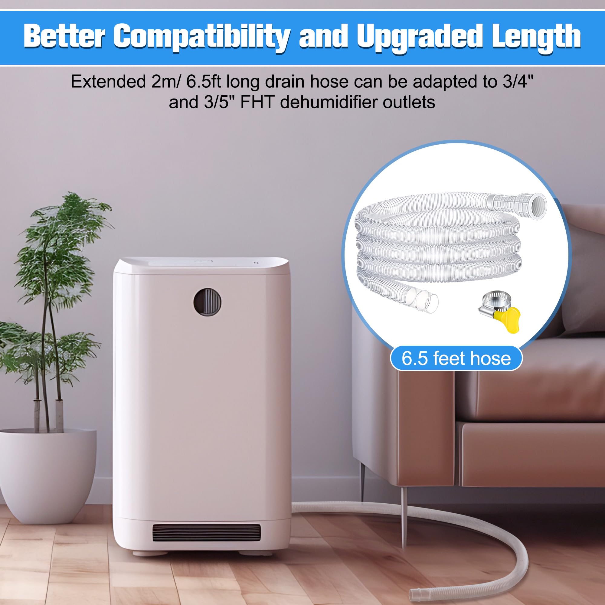 Saillong Patent Pending Universal Dehumidifier Drain Hose - 6.5ft Flexible Clear Replacement Hose with Adjustable Rubber Adapter & Connect Clamp - Compatible with Dehumidifiers & Air Conditioners - Perfect for Basement, RV, and Home Humidity Control