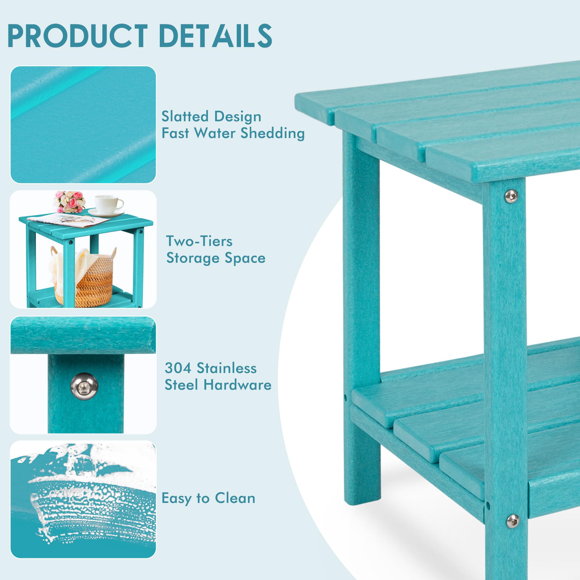 **DAILYLIFE Outdoor Side Table - HDPE Square Plastic Patio End Table for Indoor & Outdoor Use, Weatherproof & Low Maintenance (Aqua, Double Layer) - Perfect for Poolside, Garden, Deck & Patio Furniture**
