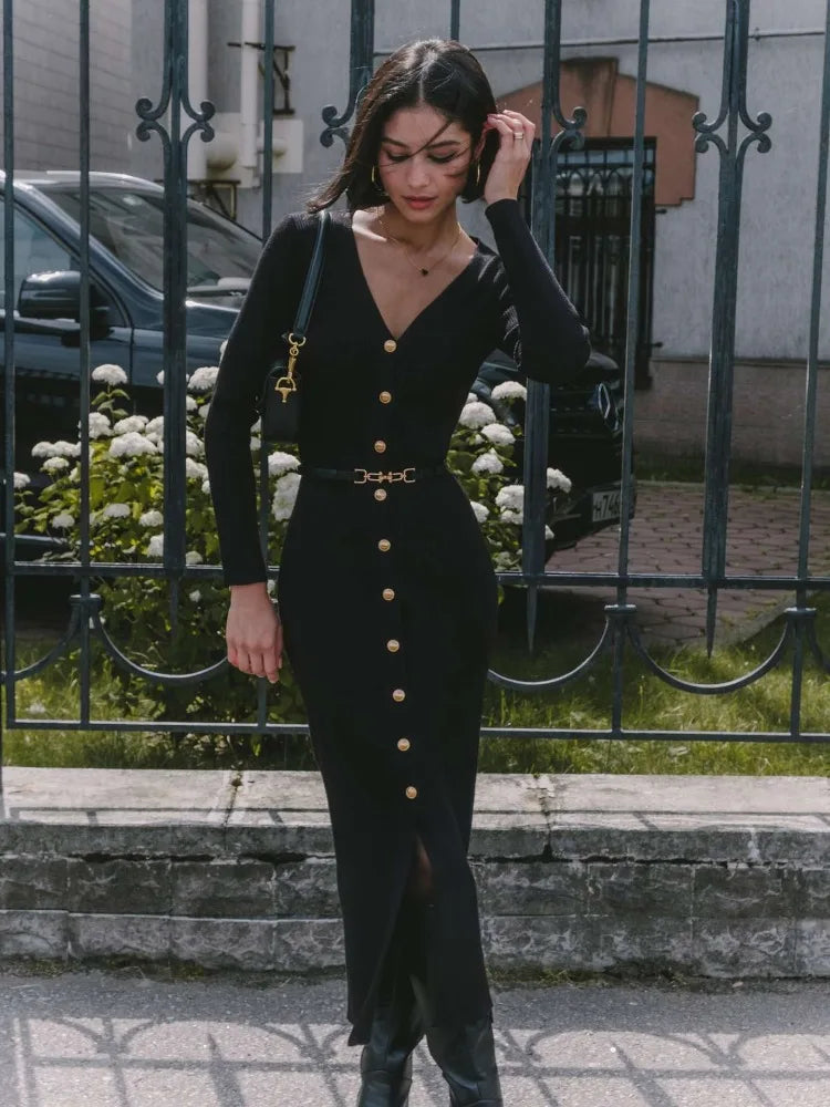 Elegant Long Sleeve Sweater Dress for Women - Single Breasted Knit Maxi Dress for Autumn Winter - Slit Evening Party Dress 2024 | Perfect for Holiday Gatherings, Office Wear & Date Nights