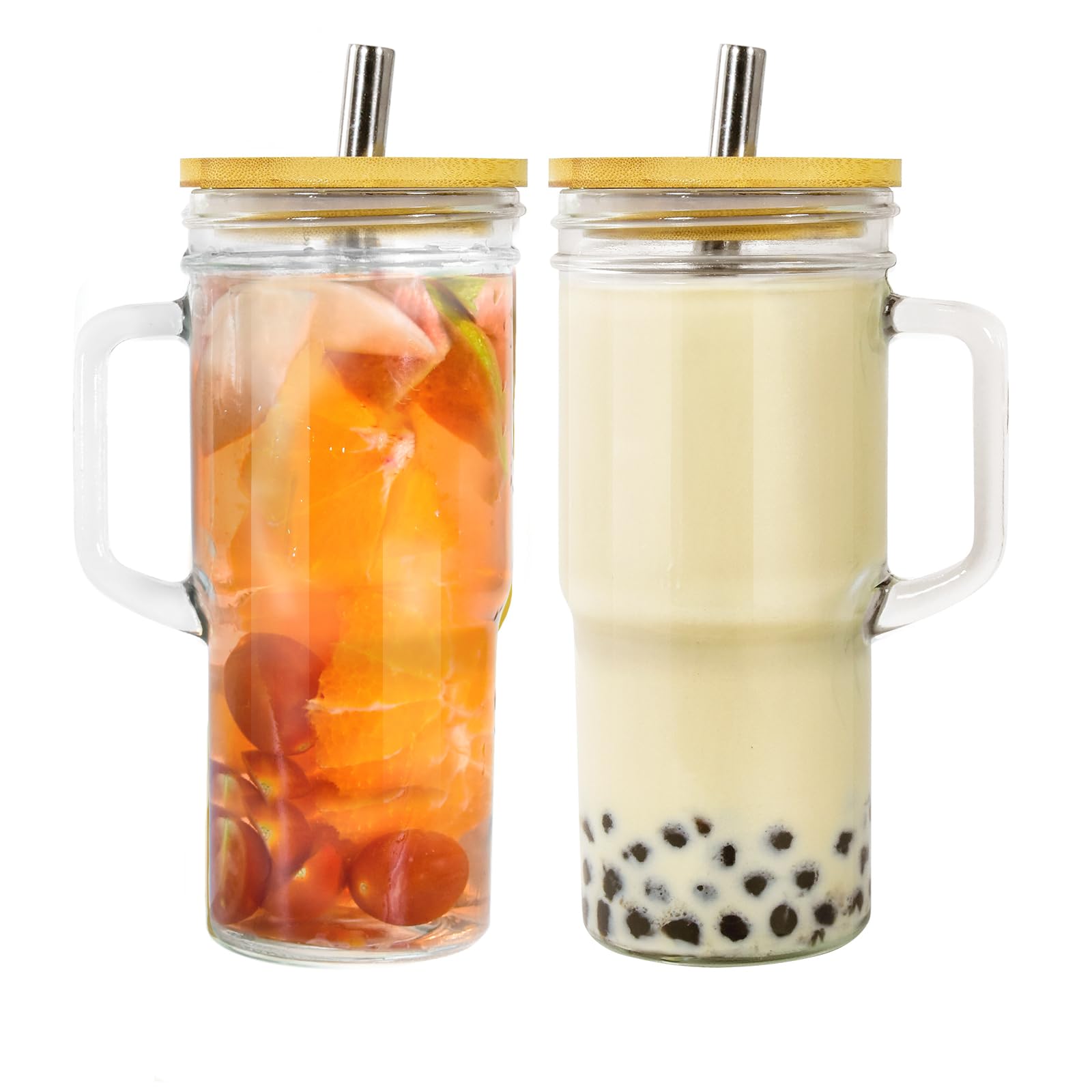 2-Pack 24oz Mason Jar Glass Cups with Bamboo Lids & Straws - Wide Mouth Iced Coffee Tumbler with Handle for Bubble Tea, Smoothie, Beer - Perfect for Travel, Home, Office & Outdoor Use