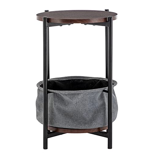 Hislaves Round Small Side Table with Storage Basket - 2-Tier MDF Coffee Table, End Table for Living Room, Bedroom, Office - Space-Saving Storage Solution in Gray - Perfect for Holding Drinks, Books, and Decor