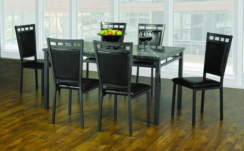 7-Piece Faux Marble Dining Table Set with Black Cushion Seats & Gun Metal Legs - Modern Kitchen & Dining Room Furniture for Home Decor
