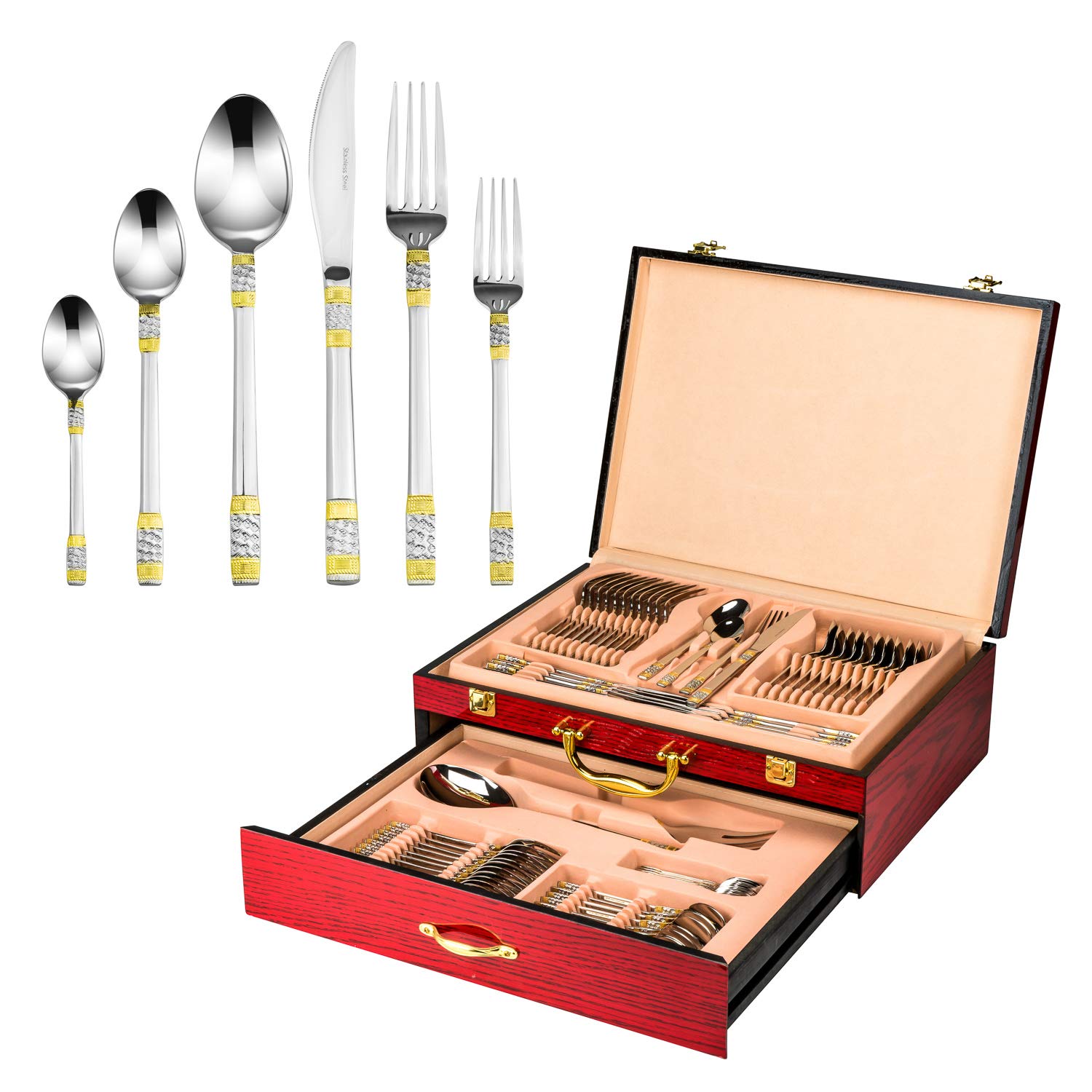 75-Piece 'Principe' 24K Gold-Plated Flatware Set - 18/10 Surgical Stainless Steel Silverware for 12 with Hostess Set & Cherry Wood Storage Case - Elegant Dinnerware for Weddings, Holidays & Formal Dining