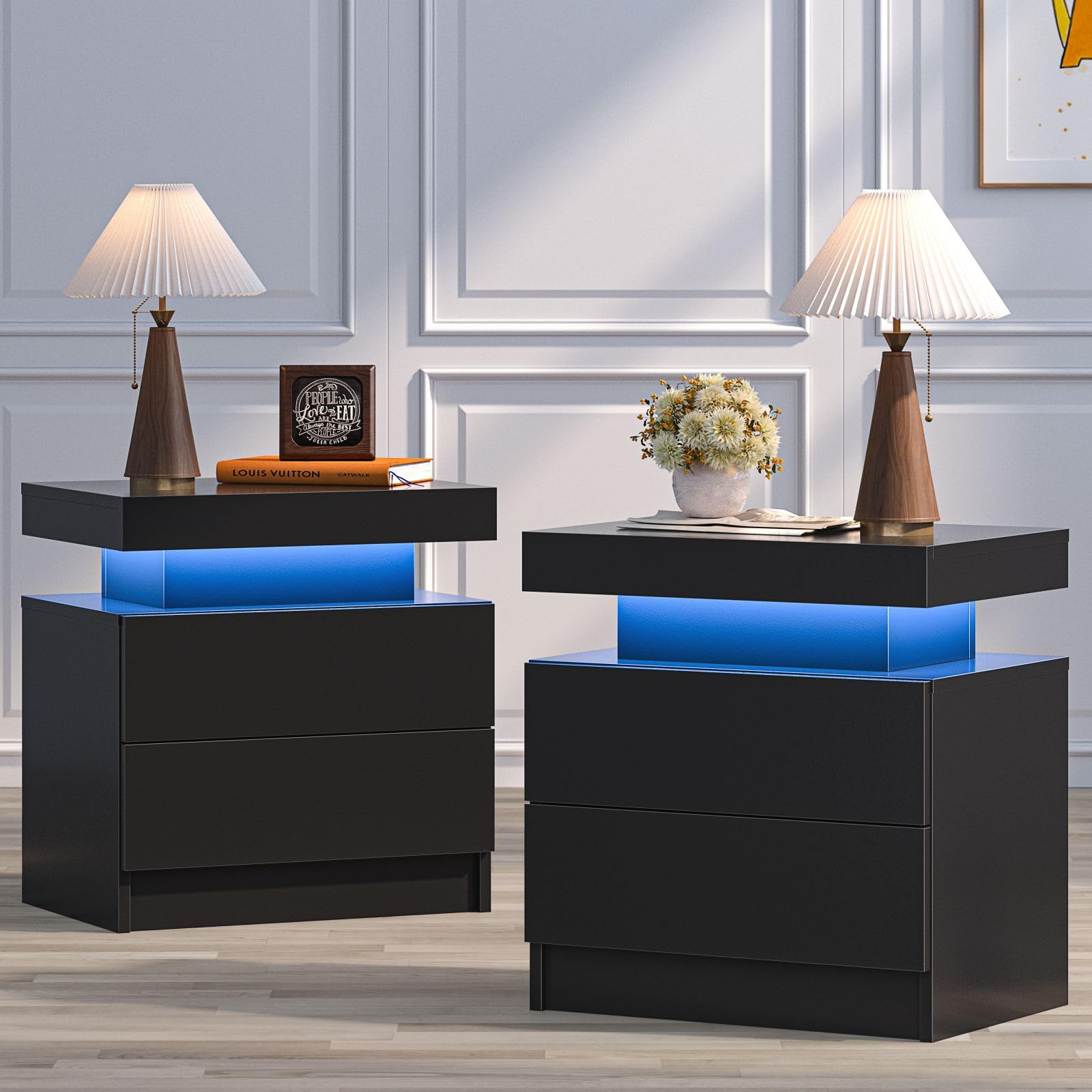 2-Piece Black Wood Nightstand Set with LED Lights & 2 Drawers - Modern Bedside Tables for Bedroom, Living Room, Dorm | Perfect for Small Spaces, Reading Nook & Storage Organization