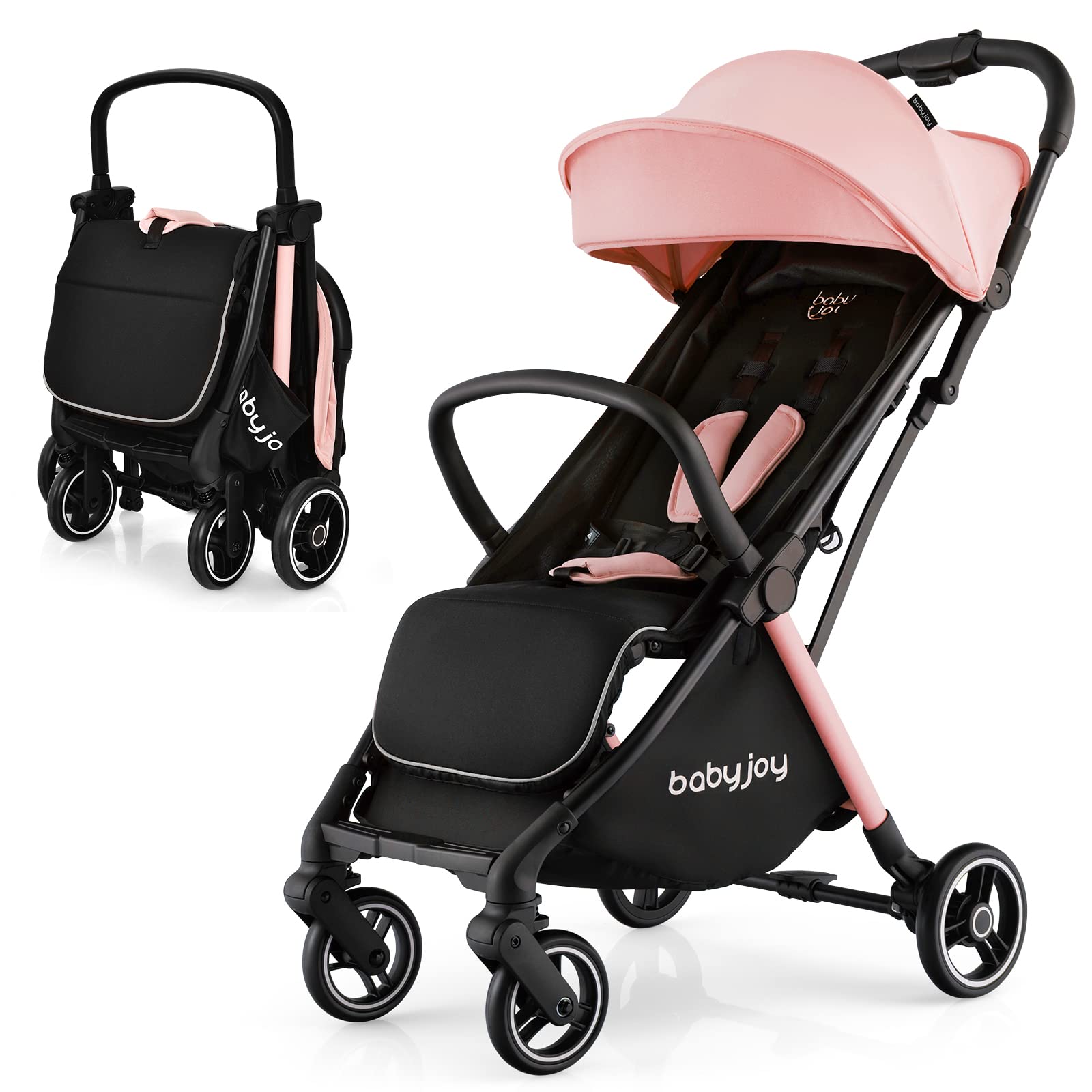 BABY JOY Lightweight Compact Travel Stroller for Airplane - Adjustable Canopy & Backrest, Storage Basket, Self-Standing Gravity Fold Aluminum Frame (Pink) | Perfect for Newborns, Infants & Toddlers - Ideal for Travel, Shopping & Daily Walks