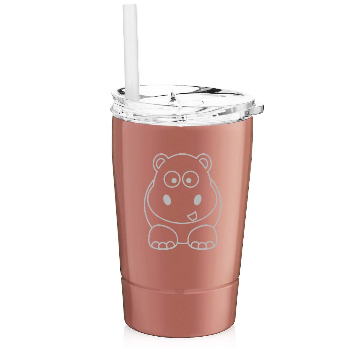 12 oz Stainless Steel Vacuum Insulated Tumbler with Straw - Double Wall Insulated Coffee Travel Mug for Hot & Cold Drinks - Rose Gold Baby Hippo Design - Perfect for Office, Gym, Hiking & Outdoor Activities
