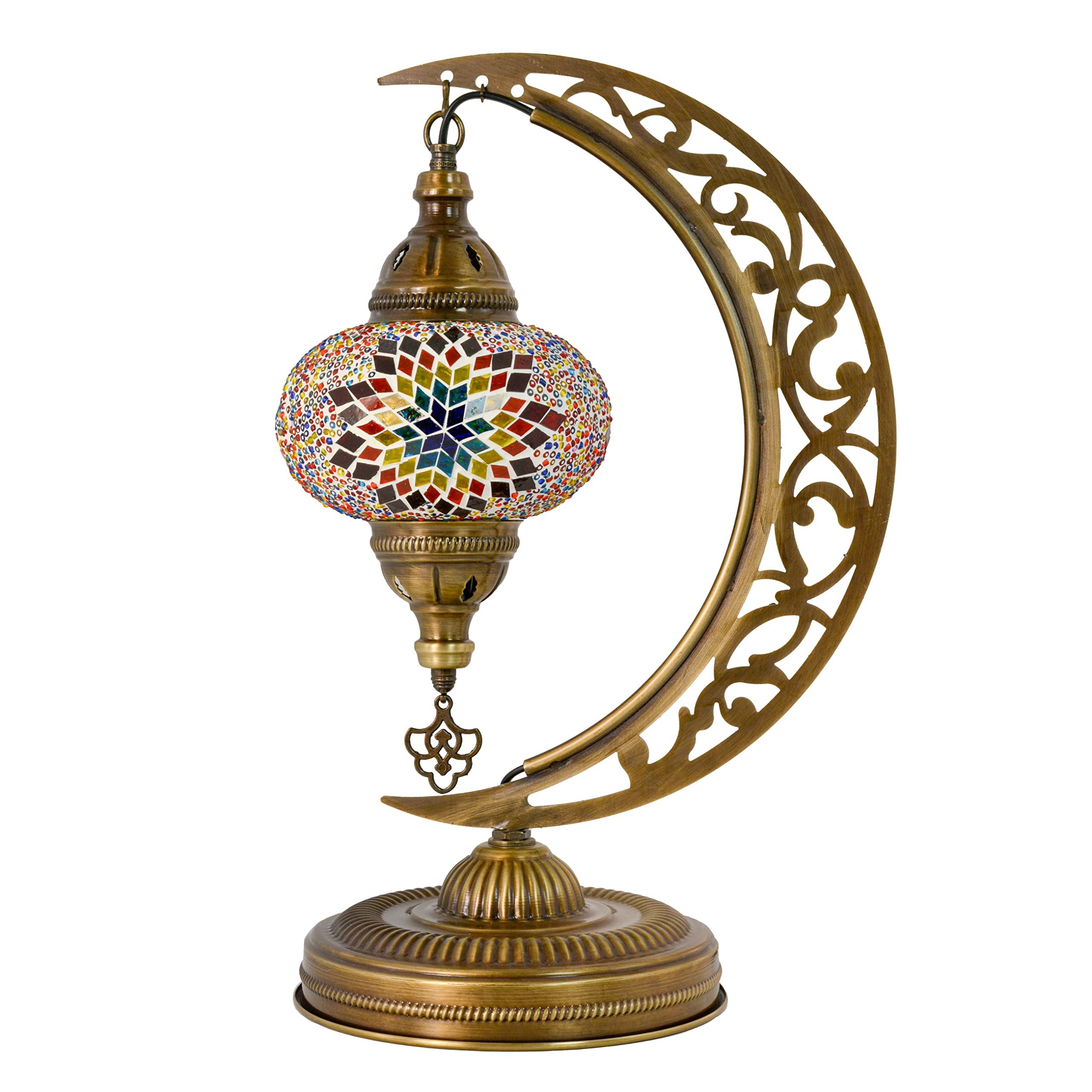 Mozaist Turkish Tiffany Style Moon Shape Table Lamp - Handcrafted Moroccan Mosaic Crescent Desk Light with Stained Glass, E12 Socket & US Plug | Rustic Home Decor for Bedroom, Living Room & Dining Room (Sunflower Design)
