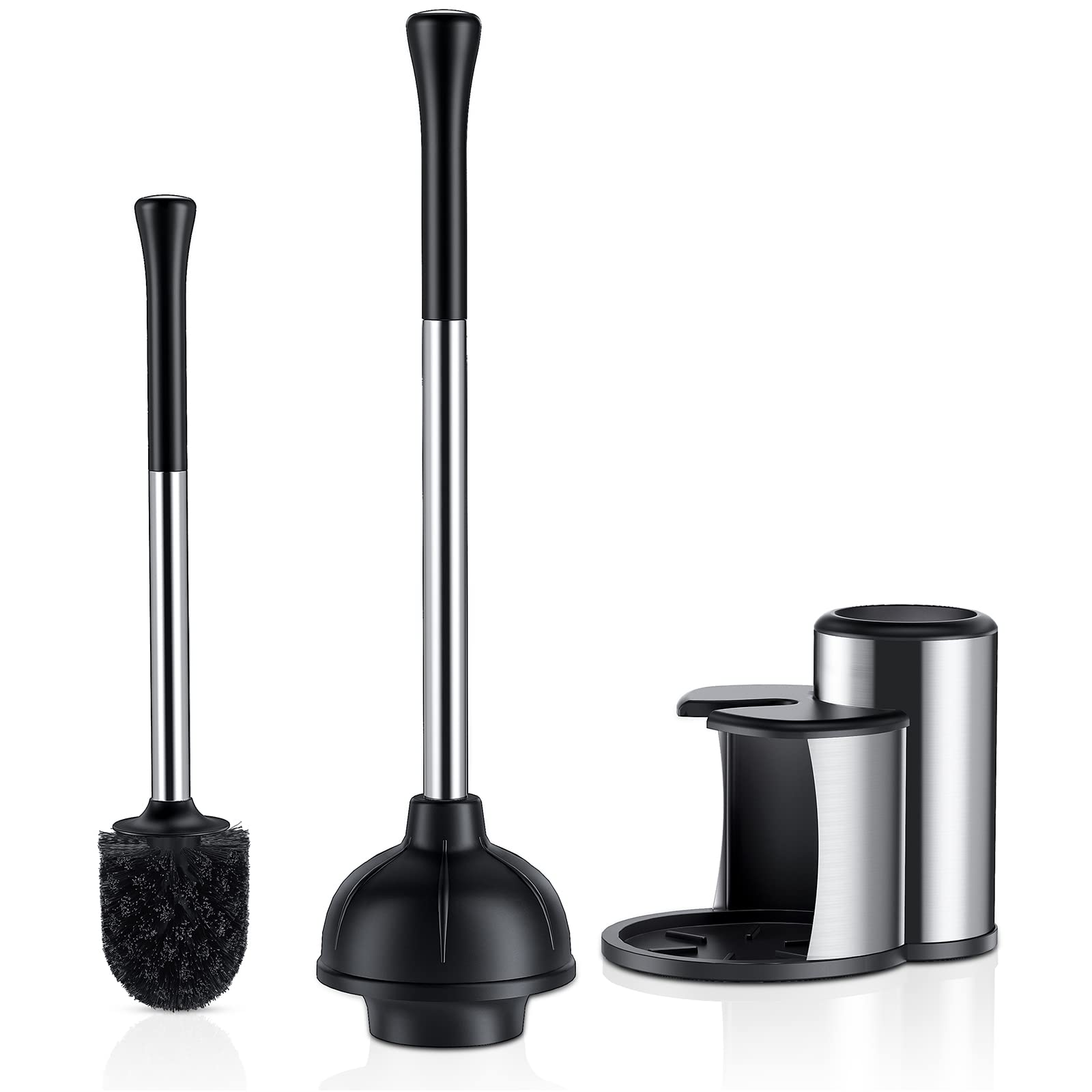HAMITOR 2-in-1 Toilet Plunger & Brush Set - Heavy Duty Stainless Steel Bathroom Cleaner for Clog Removal & Scrubbing