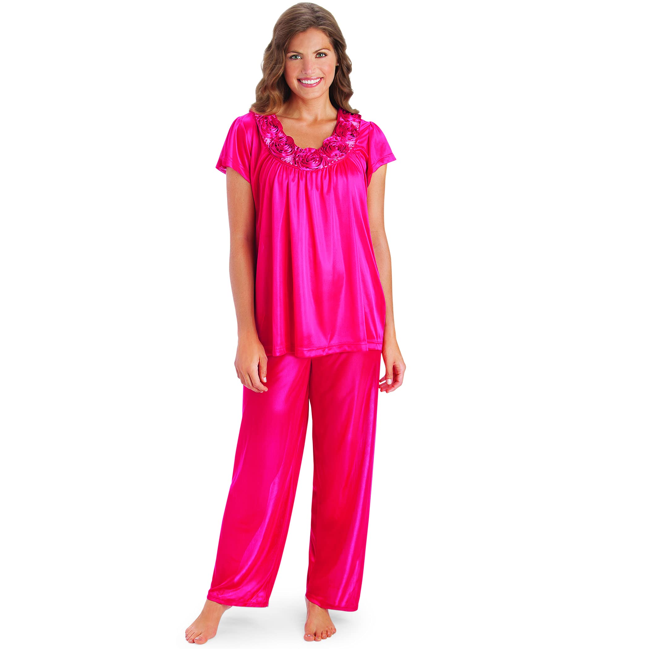 Collections Etc Women's Rose Trim Short Sleeve Pajama Set - Soft Sleepwear for Cozy Nights & Relaxing at Home