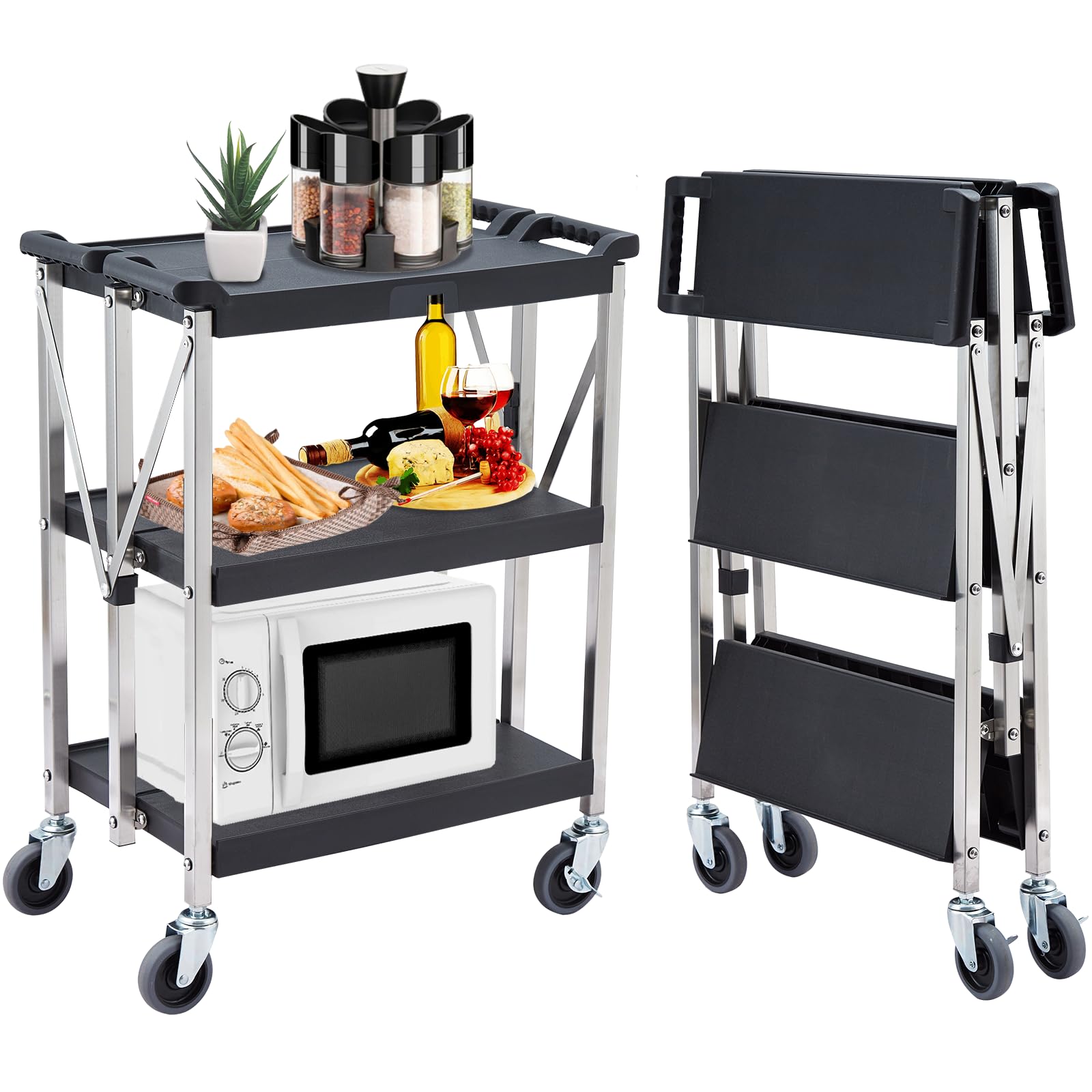 Foldable Utility Service Cart with 360° Swivel Wheels & Locking System - Heavy Duty 300Lbs Capacity - 3-Tier XL Tool Cart for Restaurant, Garage, Office & Outdoor Use - Stainless Steel Frame - Perfect for Storage, Transport & Workspace Organization