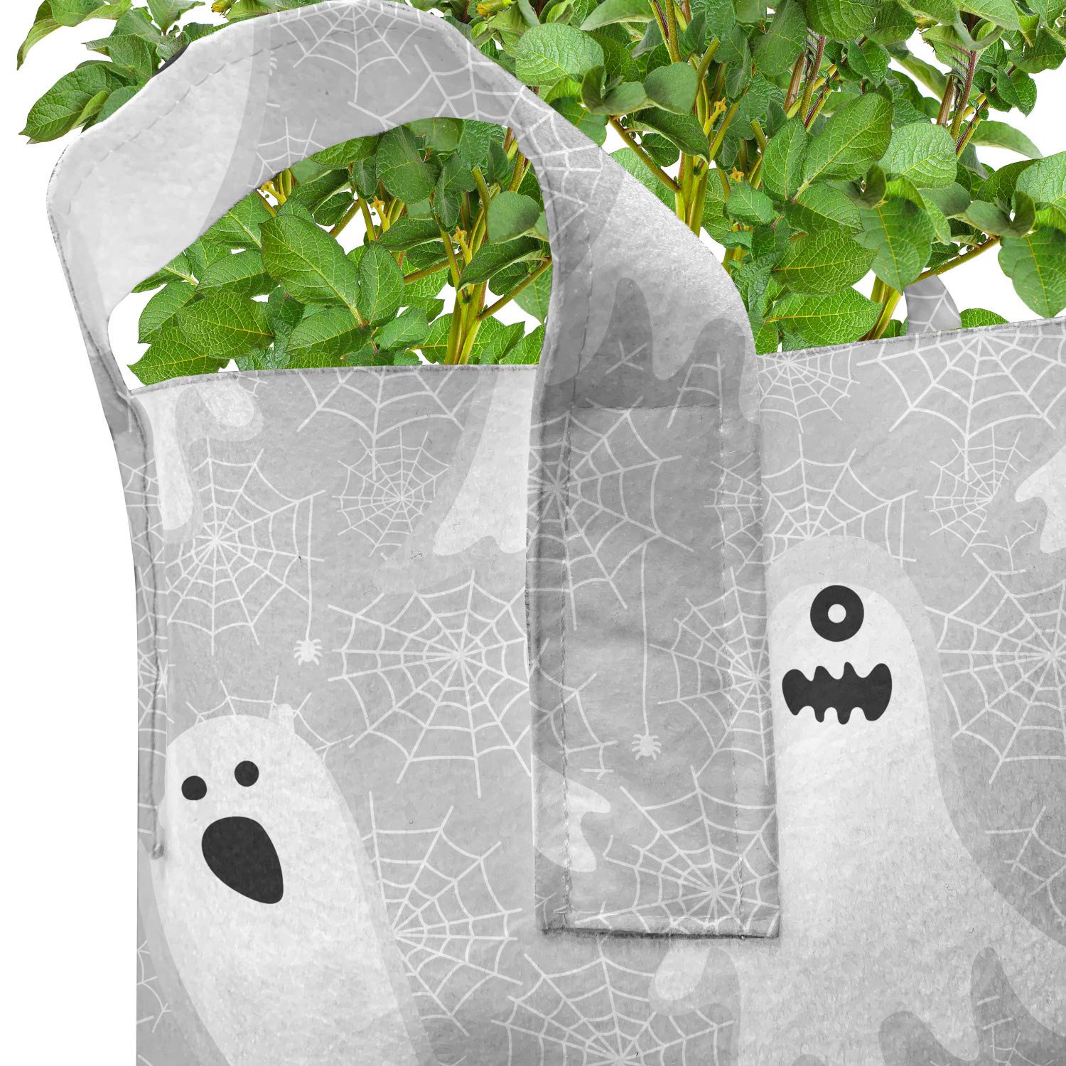 Ambesonne Halloween Grow Bags 5-Pack - Heavy Duty Fabric Plant Pots with Handles, Boo Ghost & Spiders Design in Grey White - Perfect for Indoor/Outdoor Gardening, Halloween Decor & Gift Ideas