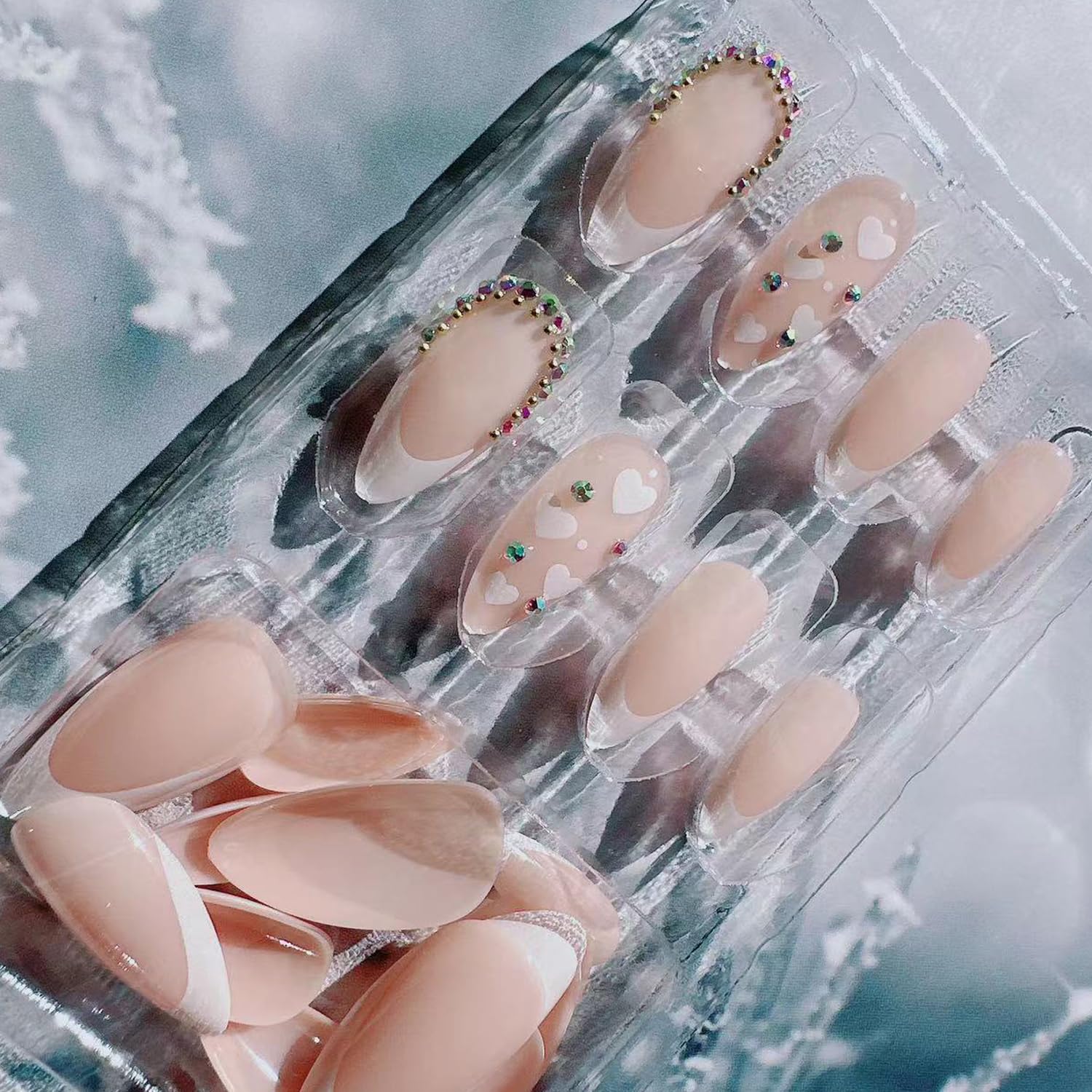 24Pcs Valentine's Day Press on Nails - White French Love Design Glossy Almond Glitter Heart Fake Nails | Full Cover Stick on Acrylic Nails with Sparkly Manicure Art | Perfect for Date Night, Bridal Shower & Romantic Occasions