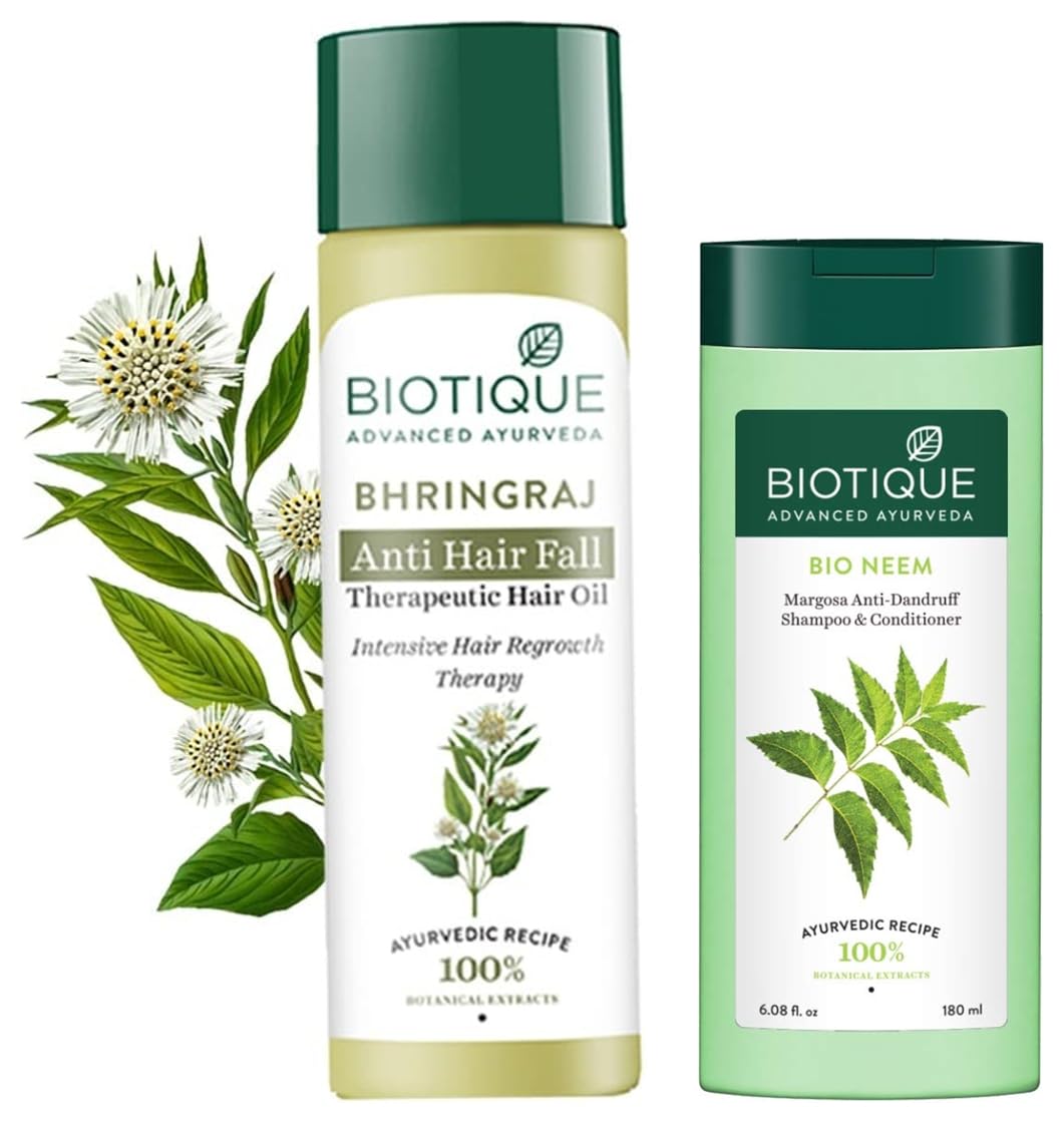 Biotique Bio Bhringraj Ayurvedic Therapeutic Hair Oil for Hair Growth & Scalp Care, 200ml | Biotique Bio Neem Margosa Anti-Dandruff Shampoo & Conditioner Set, 180ml - Natural Ayurvedic Hair Care Solution for Dry Scalp, Hair Fall & Dandruff Treatment - Perfect for Daily Hair Nourishment & Scalp Health