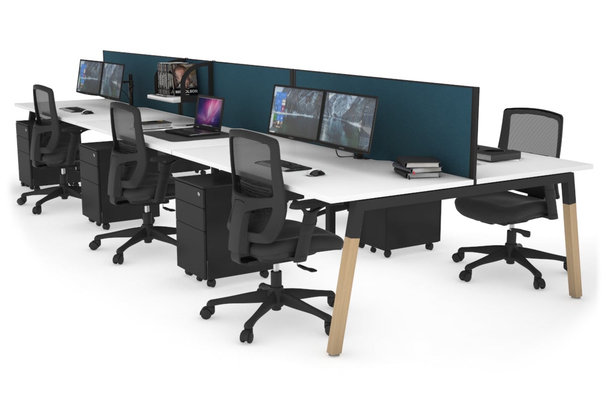 6-Person Office Workstation with Quadro A Legs & Wood Cross Beam - 1800L x 800W with Cable Management Scallop | Ideal for Collaborative Workspaces & Modern Offices