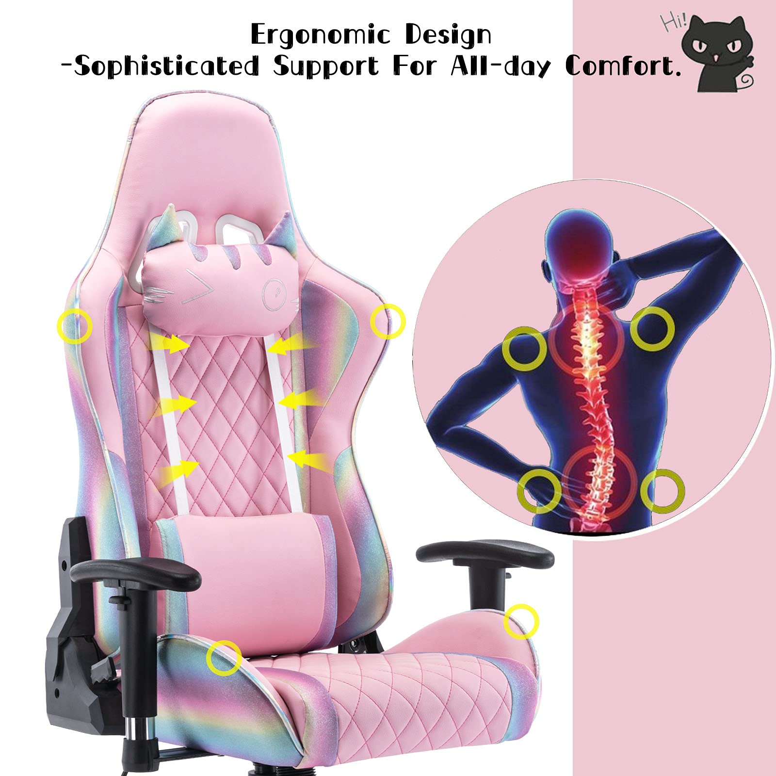 Ergonomic Pink Gaming Chair with Cute Cat Headrest & Lumbar Support - Comfortable Computer Desk Chair for Adults & Kids (Rainbow, Black Base) - Perfect for Home Office, Gaming Setup & Study Room