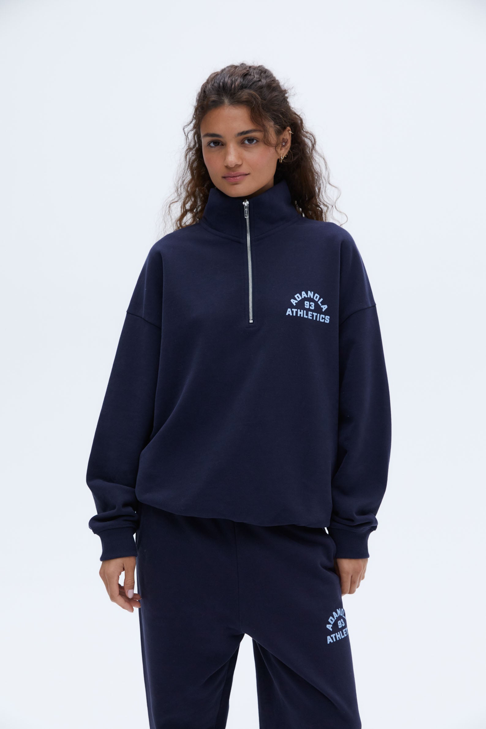 Oversized Funnel Neck Zip-Up Sweatshirt for Women | Cozy Fleece Pullover | Navy Blue & Powder Blue | Perfect for Campus Wear, Casual Outfits & Loungewear
