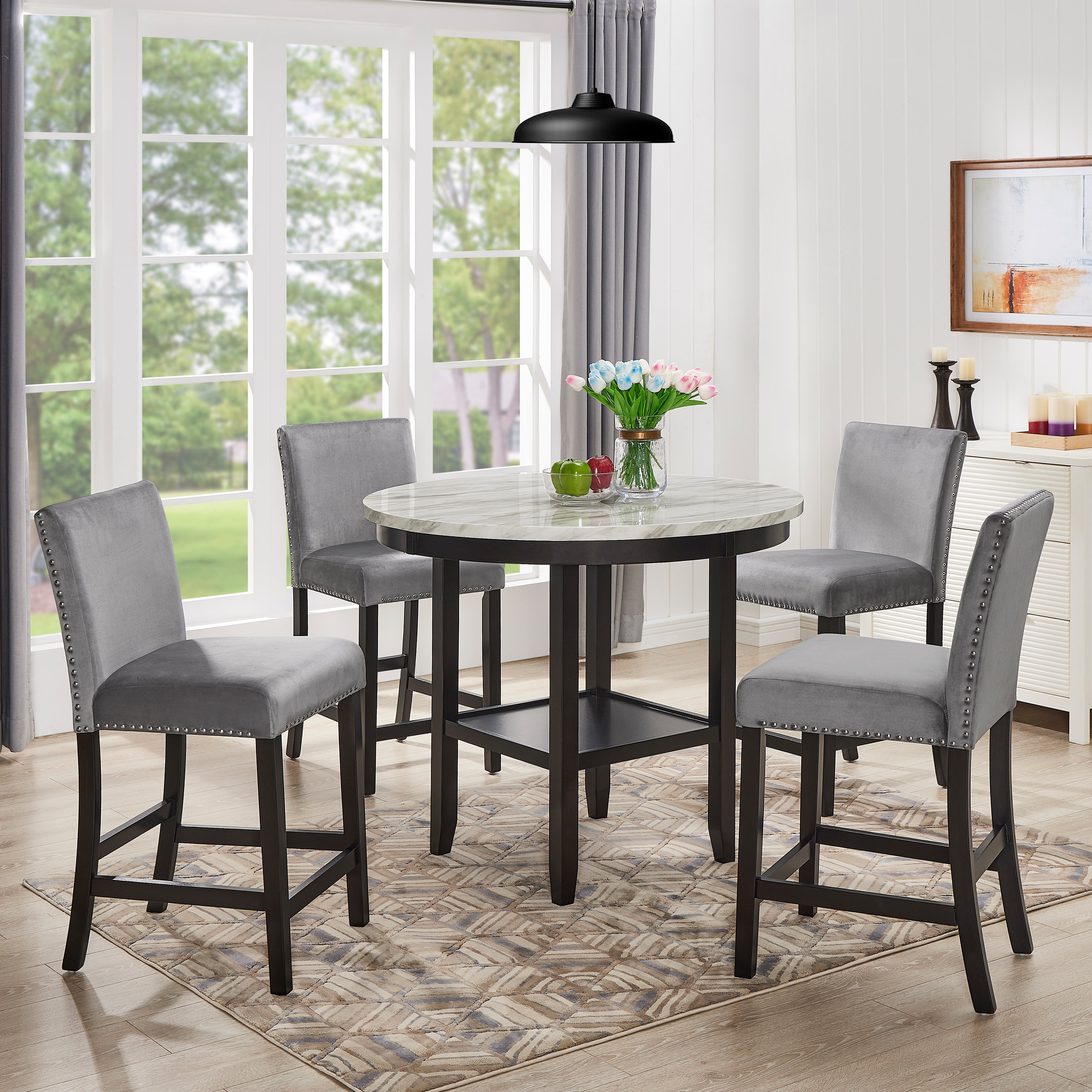 Roundhill Furniture 5-Piece Mella Counter Height Dining Set - Round Faux Marble Table with 4 Black Velvet Parsons Stools - Perfect for Kitchen, Breakfast Nook & Small Space Dining