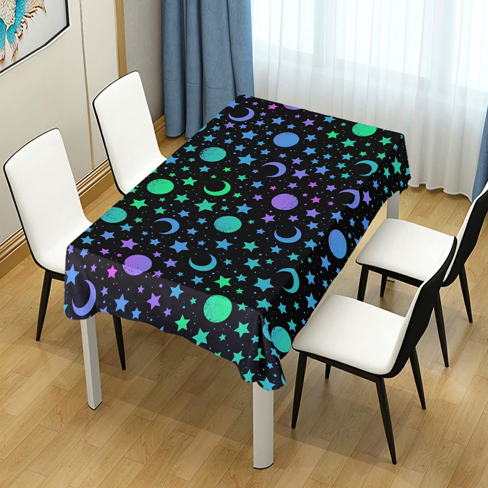 Elegant Mystical Moon & Stars Polka Dot Polyester Tablecloth 60x90 Inch - Perfect for Party Decor, Dinner Table Setting & Home Celebration