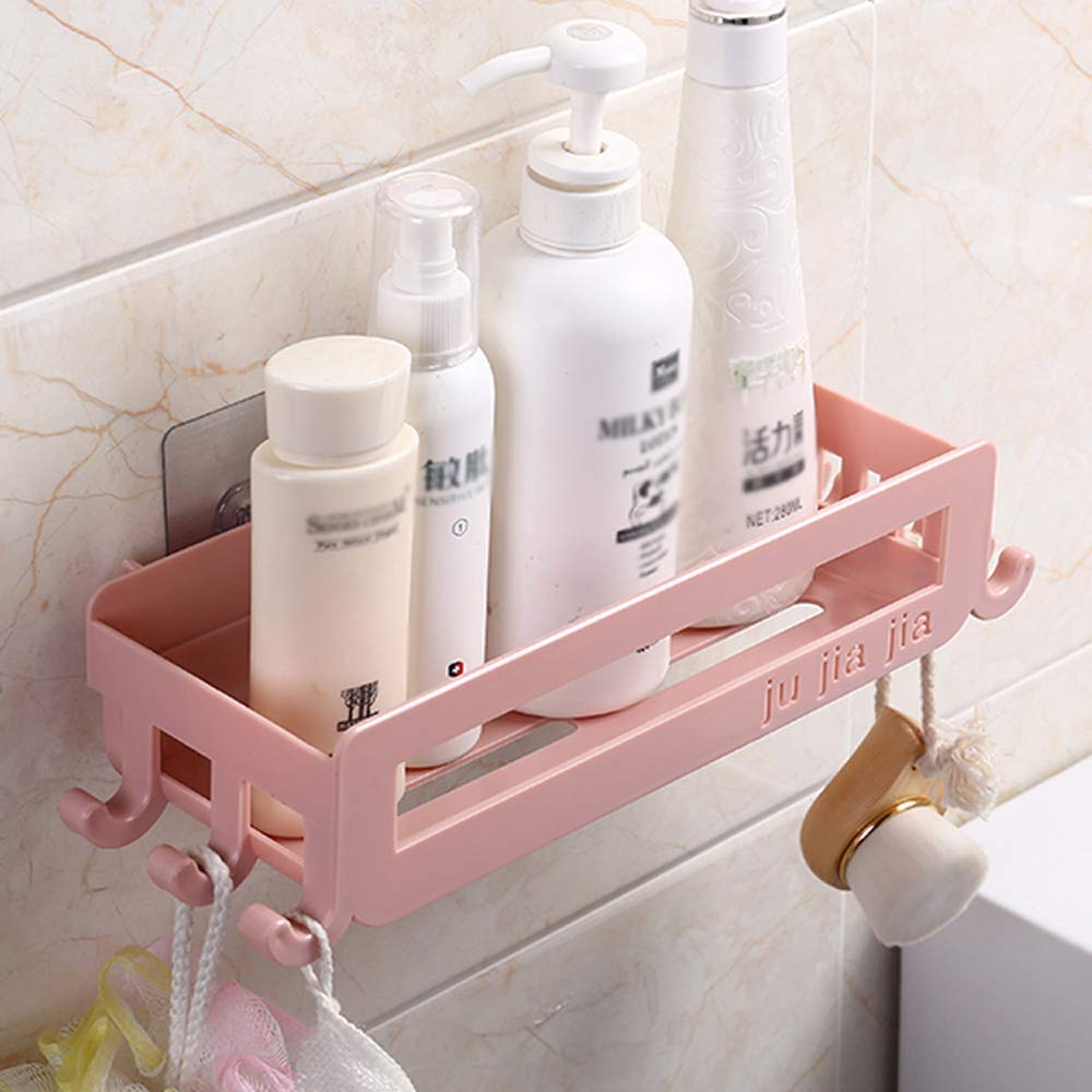Rectangle Bathroom Shelf with 9 Hooks - Wall Mounted Plastic Shower Caddy Organizer for Shampoo, Soap & Toiletries - Space Saving Bath Corner Storage Solution for Small Bathrooms & Showers
