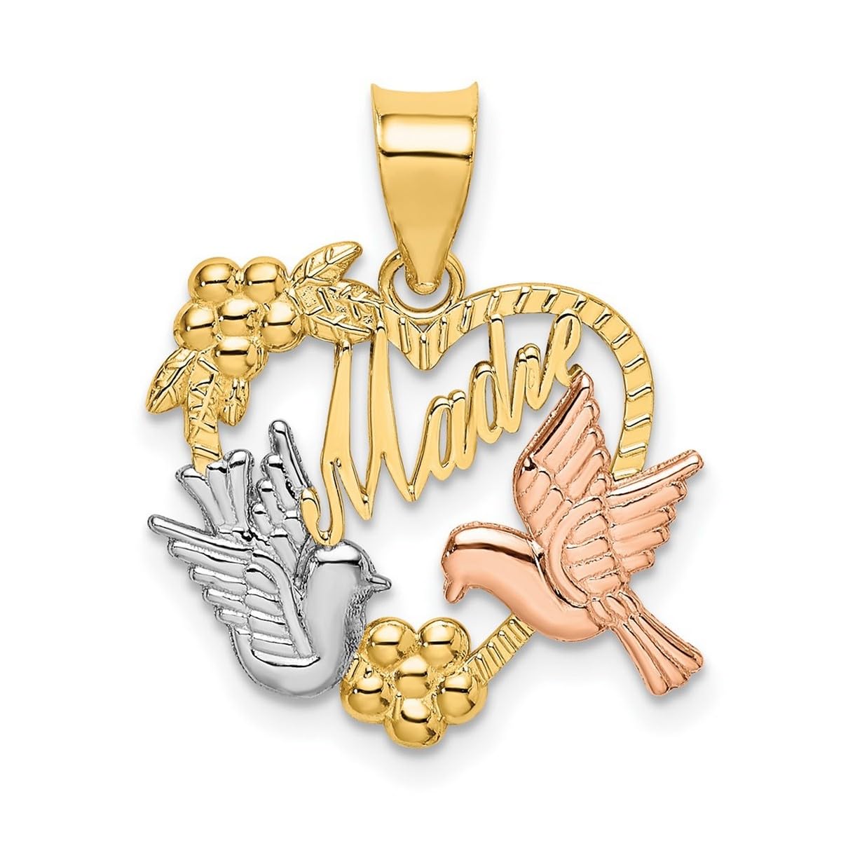 14K Two-Tone Gold Madre In Love Heart Pendant Necklace with Doves & Tri-Color Accents - 20.6x20.5mm Women's Jewelry Gift for Valentine's Day, Anniversary & Special Occasions