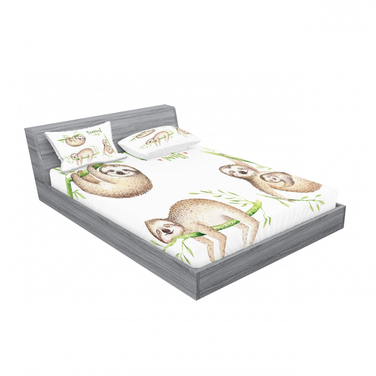 Ambesonne Sloth 2-Piece Full Size Fitted Sheet Set with 4 Pillow Shams - Tropical Palm Leaves Pattern in Pale Brown Green - Soft Bedding Decor for Kids Room, Nursery, or Jungle Themed Bedroom