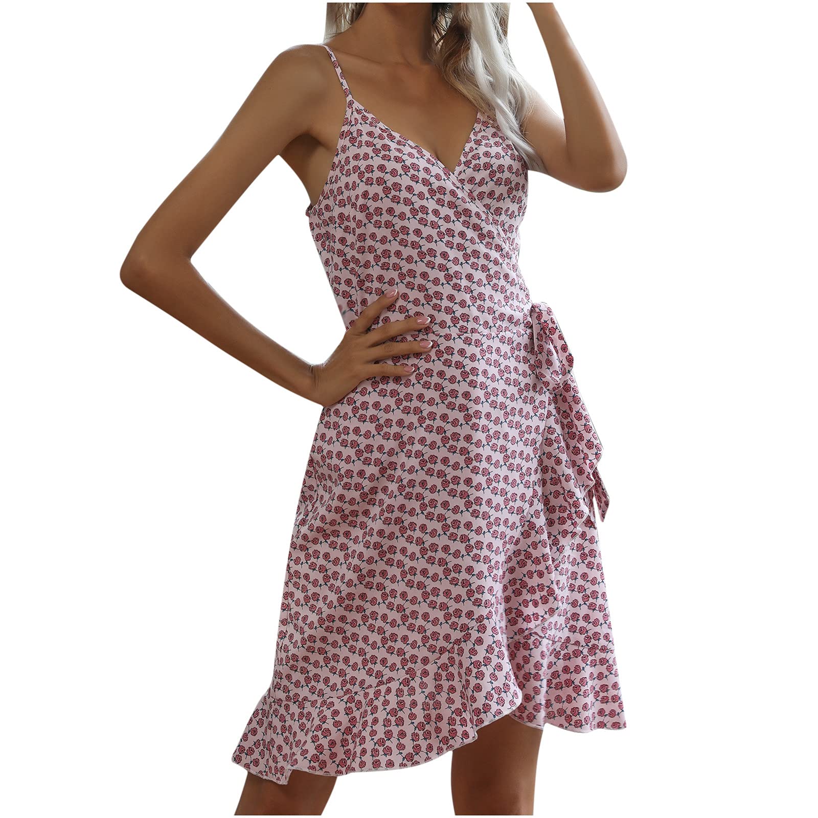 Women's Floral Print Strappy Waisted Midi Sun Dress - Summer Casual Tunic Dress for Beach, Vacation & Outdoor Parties