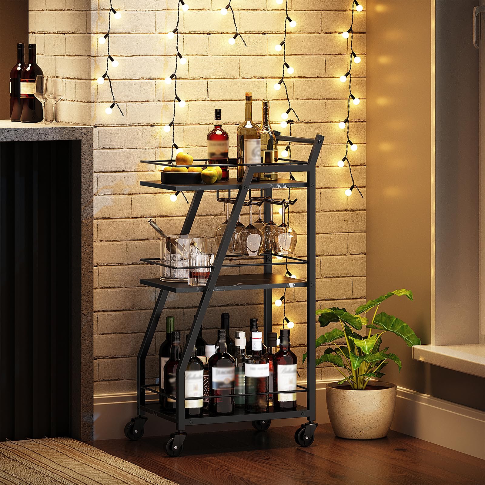 Bar Cart with Wheels - Small Beverage Serving Cart for Home Bar, Kitchen & Dining Room - Marble Black Drink Cart with Glass Holder - Perfect for Cocktail Parties, Entertaining Guests & Home Decor - BC03BM