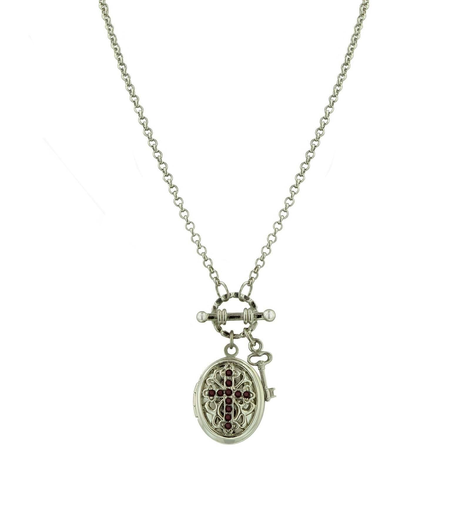 1928 Birthstone Cross Locket Necklace - Personalized Sterling Silver Pendant with 24
