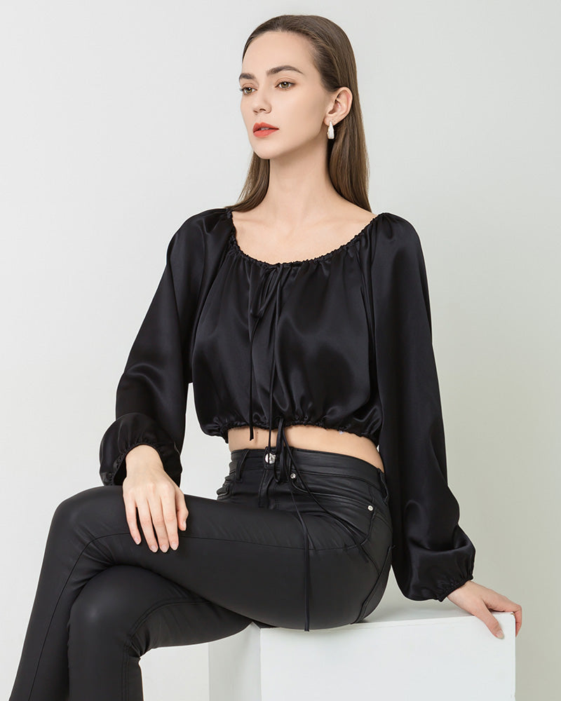 Elegant Lantern Sleeve Crop Top Silk Blouse for Women - Perfect for Date Night & Summer Outfits