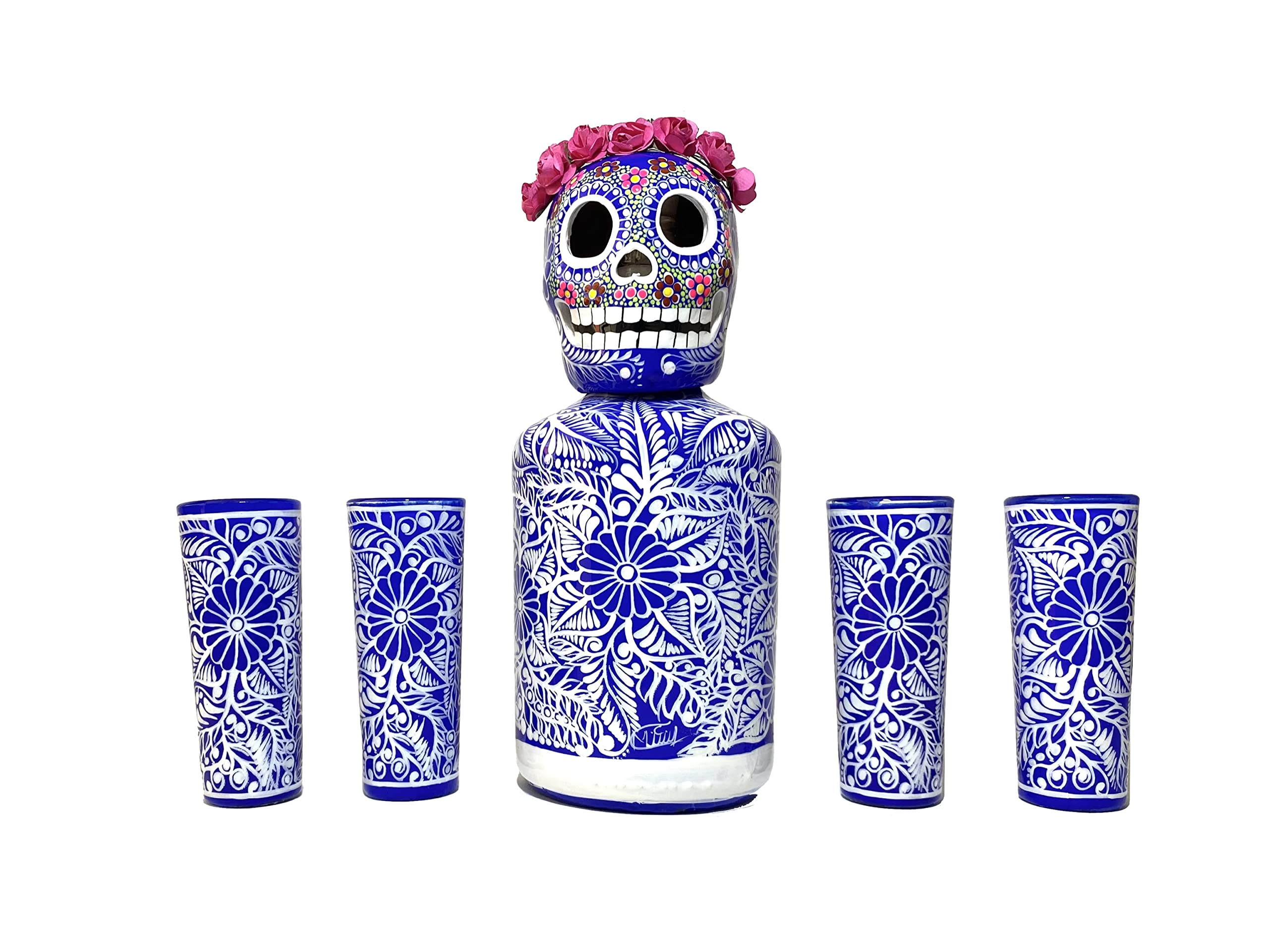 Hand-Painted Blue Catrina Skull Tequila Decanter Set with Shot Glasses & Mexican Sombrero - Personalized Liquor Decanter for Home Bar Decor, Unique Gift for Tequila Lovers (Perfect for Cinco de Mayo Parties & Mexican-Themed Events)
