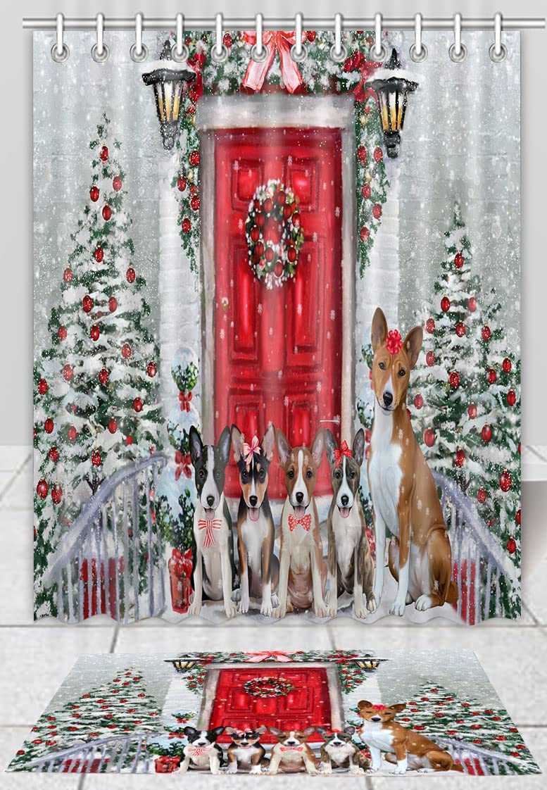 Christmas Holiday Welcome Basenji Dog Shower Curtain & Bath Mat Set - Waterproof Polyester Bathroom Decor with Hooks, 20