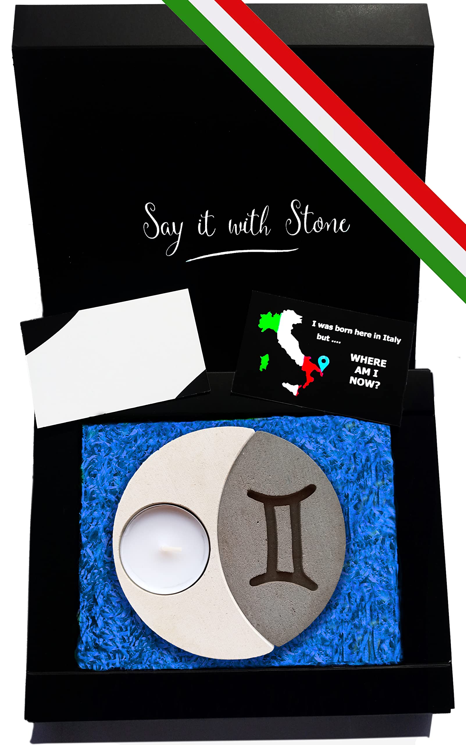Handmade Gemini Stone Candles & Holders from Italy - Gift Set with Candle, Blank Message Card & Box - Perfect for May June Birthdays, Zodiac Gifts, Astrology Lovers - Home Decor & Keepsake for Bedroom, Meditation Space & Spiritual Retreats