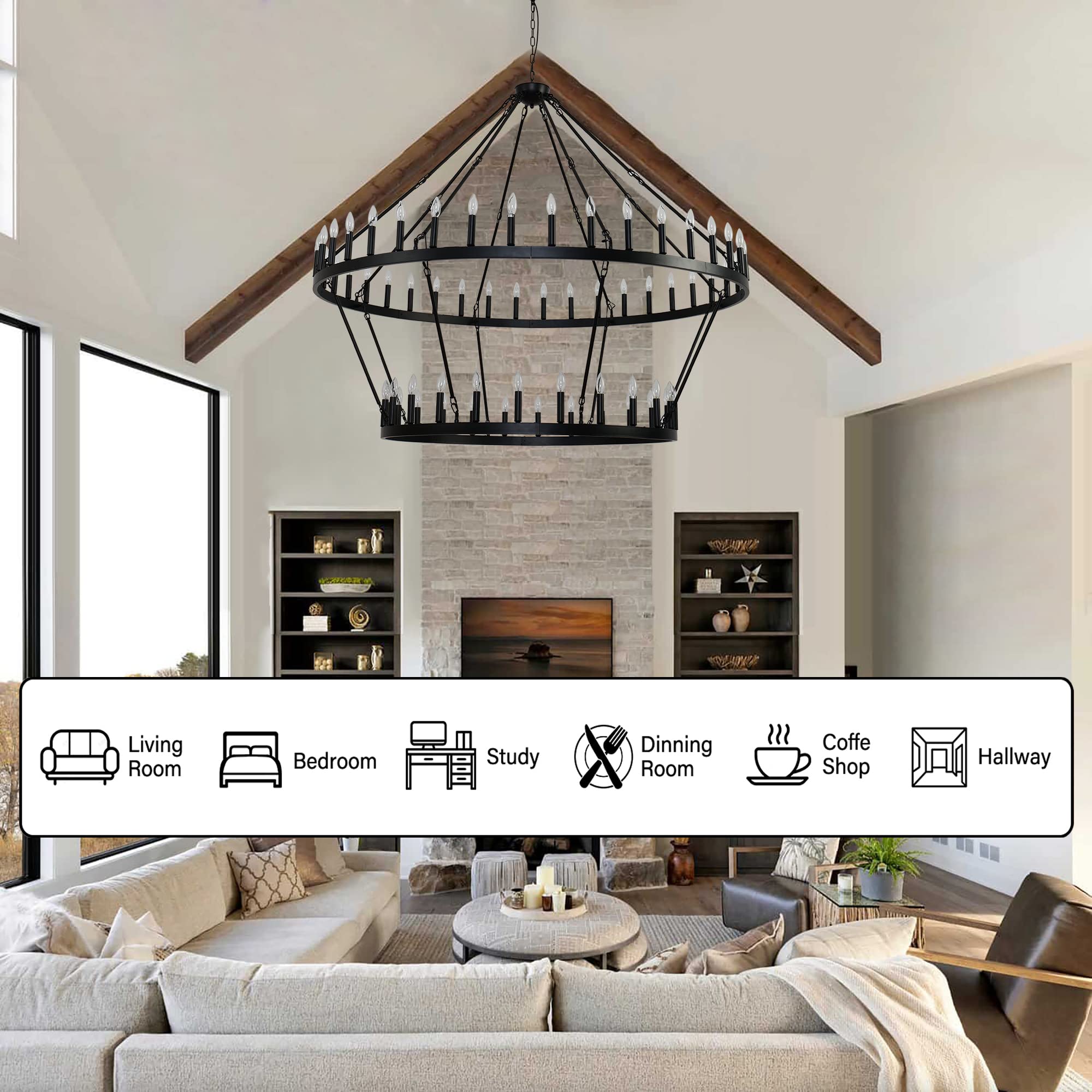 70 Inch Extra Large Wagon Wheel Chandelier - 2 Tier 64-Lights Black Farmhouse Pendant Light Fixture, Round Rustic Hanging Ceiling Light for Dining Room, Living Room, Foyer & High Ceiling Spaces
