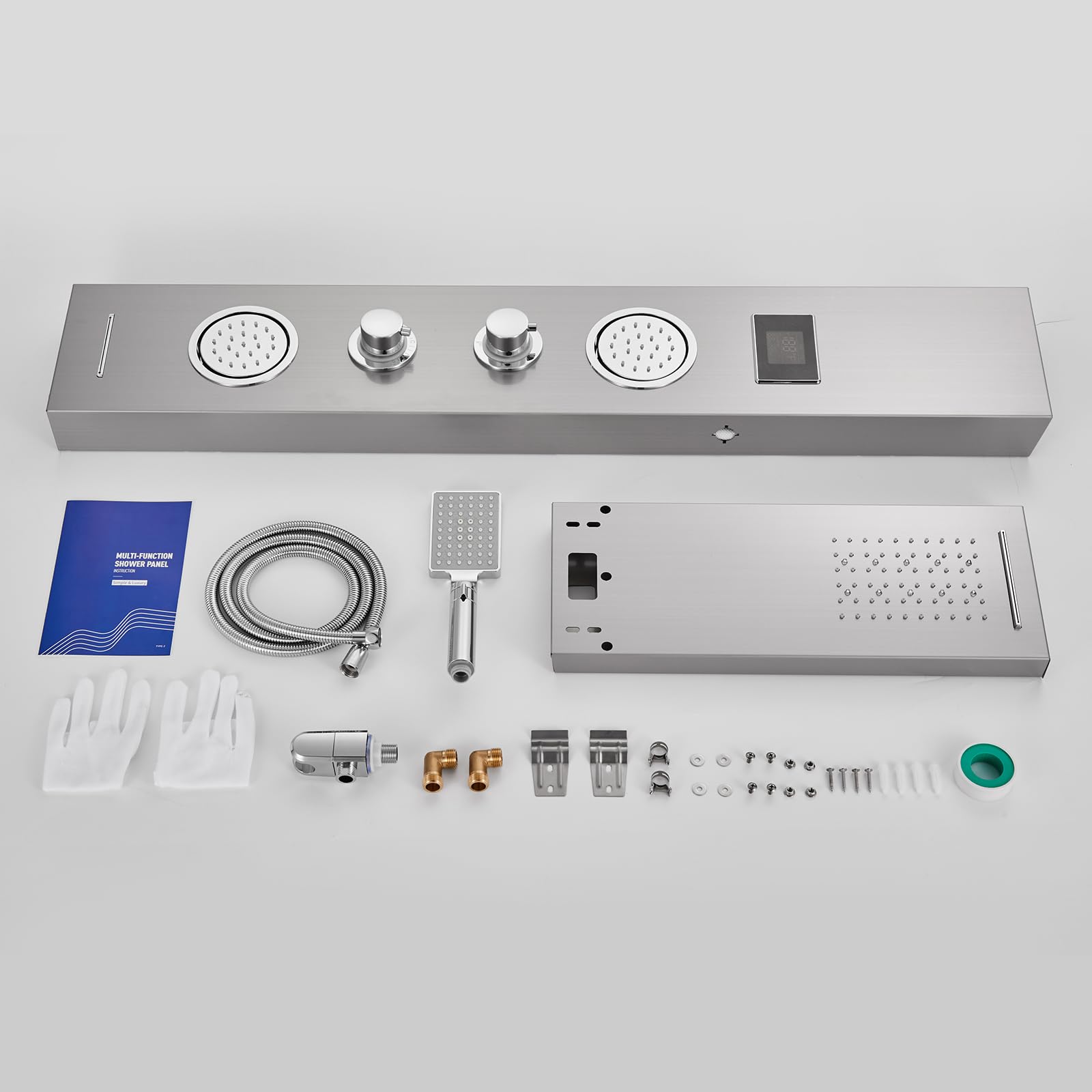 ROVATE 5-in-1 LED Shower Panel Tower System with Rainfall Shower Head, Body Massage Jets, Handheld Shower & Tub Spout - Brushed Stainless Steel for Spa-Like Bathroom Experience