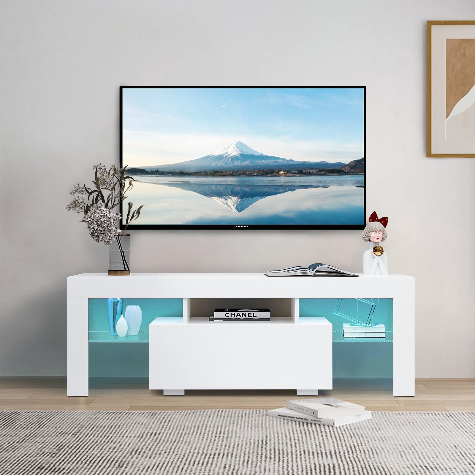 Modern White LED TV Stand for 65 Inch TVs - Wood Entertainment Center with Storage Drawers & Ambient Lighting - Perfect for Living Room, Bedroom or Office Setup