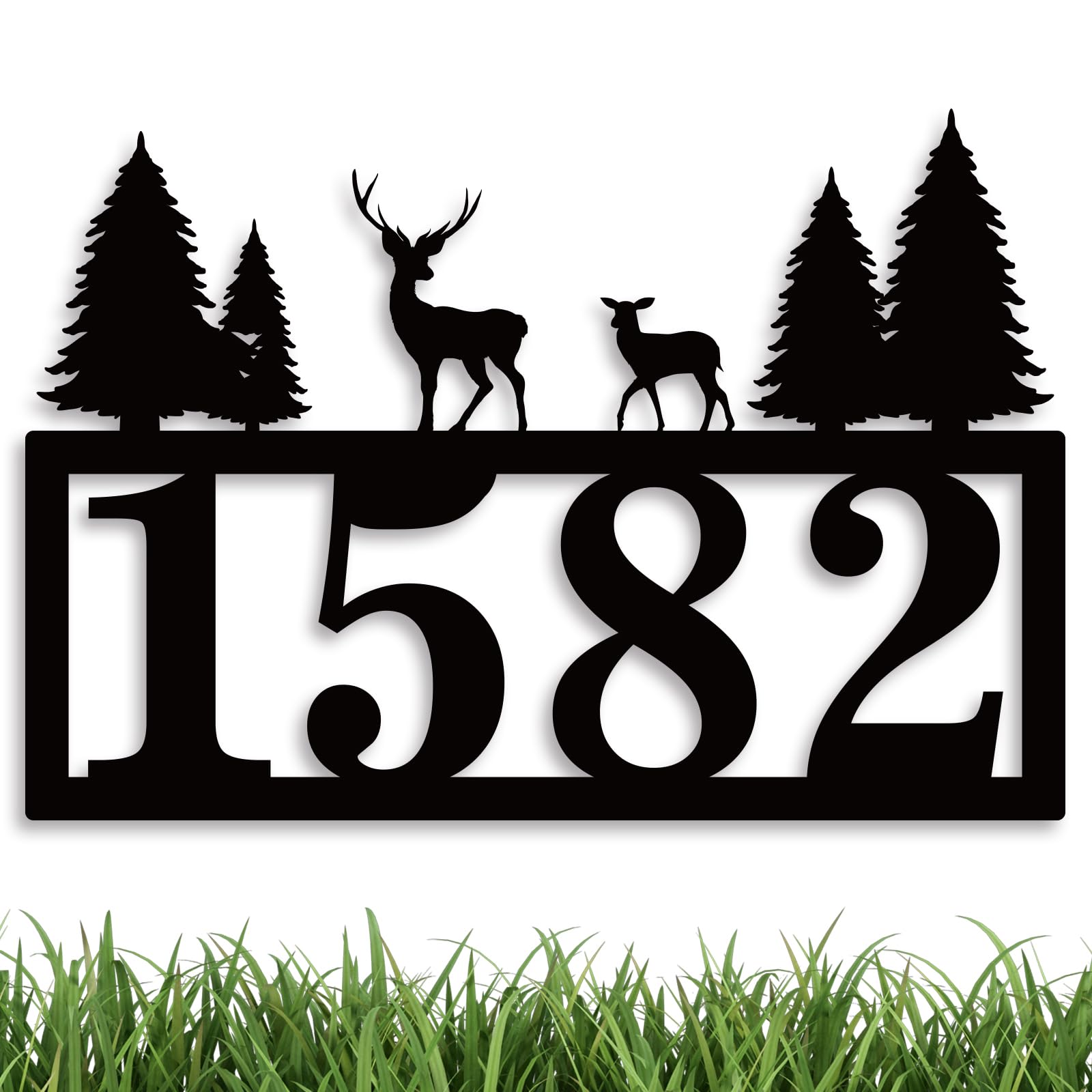 Custom Metal House Numbers for Outdoor - Personalized Modern Address Plaque Sign for Yard & Home (Deer & Pine Design) - Durable Weatherproof House Numbers for Front Door, Mailbox & Driveway