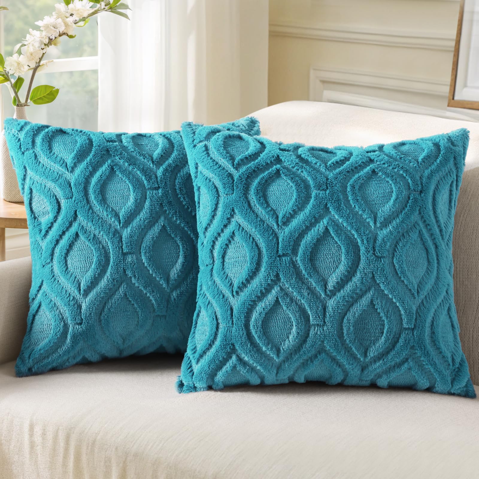 Premium 20x20 Inch Throw Pillow Covers Set of 2 - Soft Plush Faux Wool Teal Couch Pillow Covers for Living Room, Sofa & Bed - Spring Solid Dyed Accent Pillow Cases for Home Decor - Perfect for Cozy Reading Nooks & Guest Room Styling