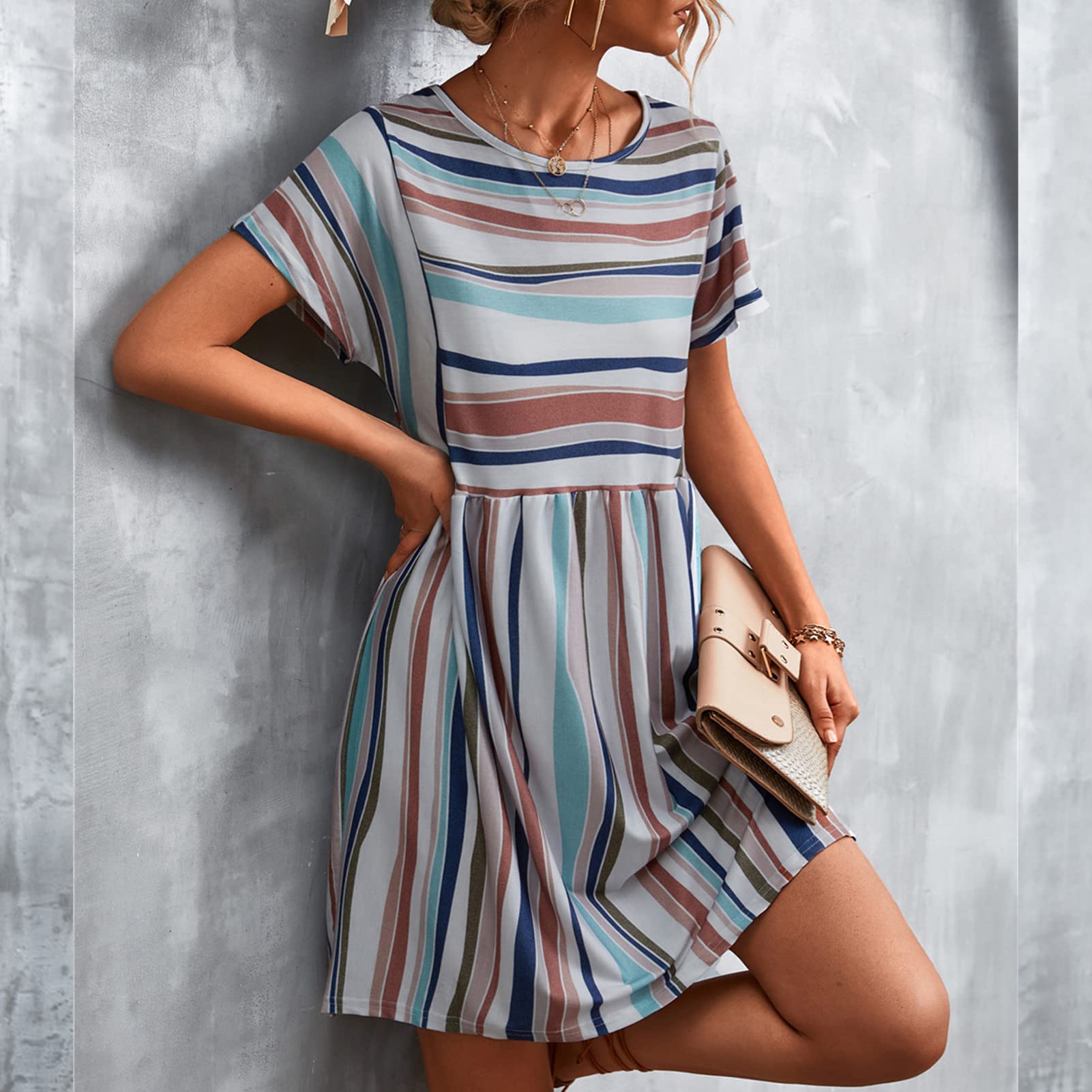 GOTOTOP Women's Striped Short Sleeve Casual Dress - Round Neck Loose Midi Summer Dress for Beach, Vacation & Everyday Wear