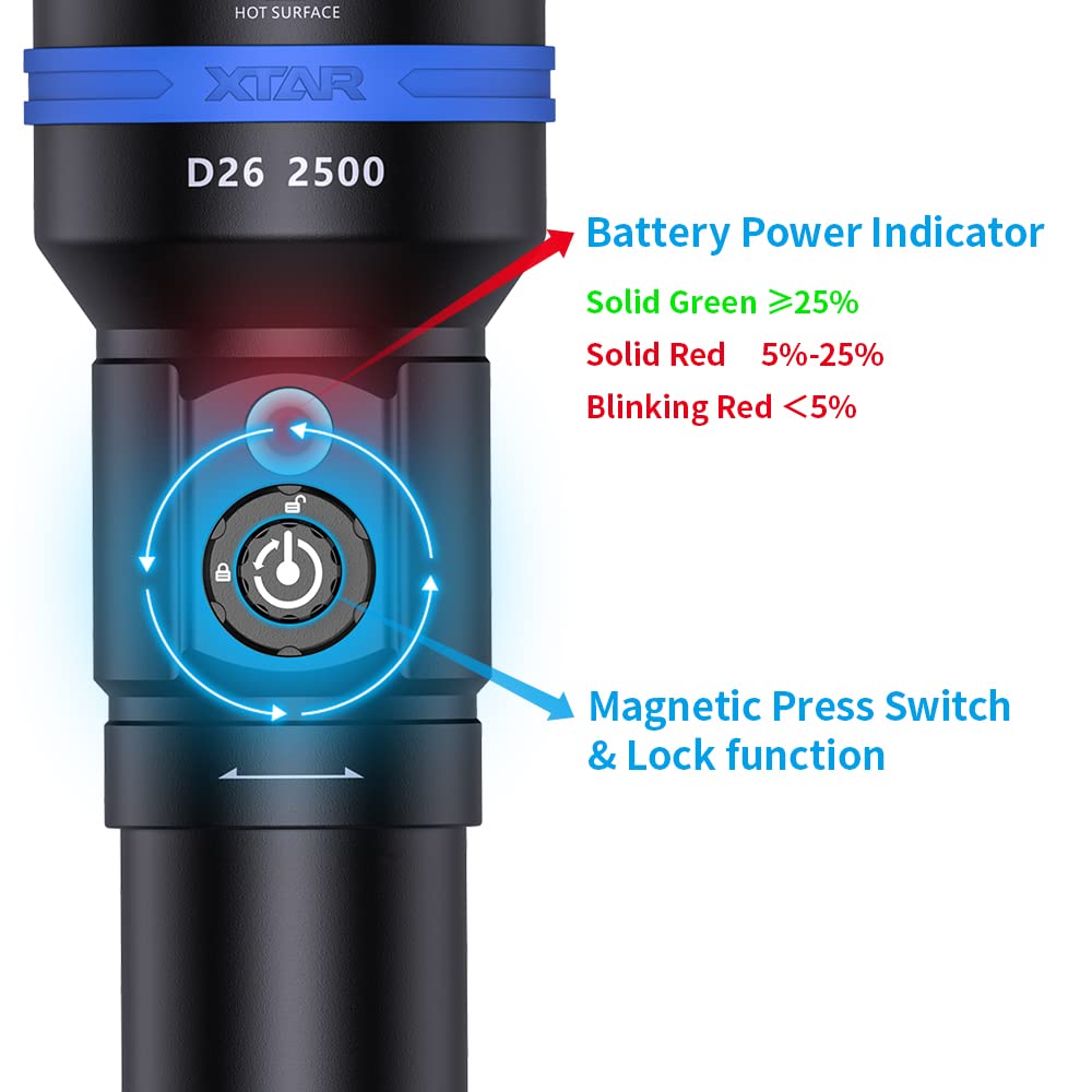 XTAR D26 2500 Lumens Professional Scuba Diving Flashlight - Waterproof Underwater Torch for Cave, Wreck & Night Diving (100m Depth Rated) - Perfect for Marine Exploration, Night Fishing & Emergency Use