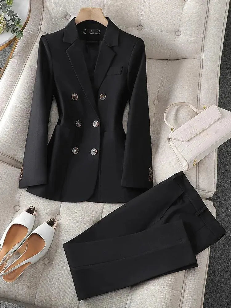 Elegant Double Breasted Women's Pant Suit Set - 2 Piece Professional Blazer & Pants with Pockets | Perfect for Office Wear, Business Meetings & Formal Events